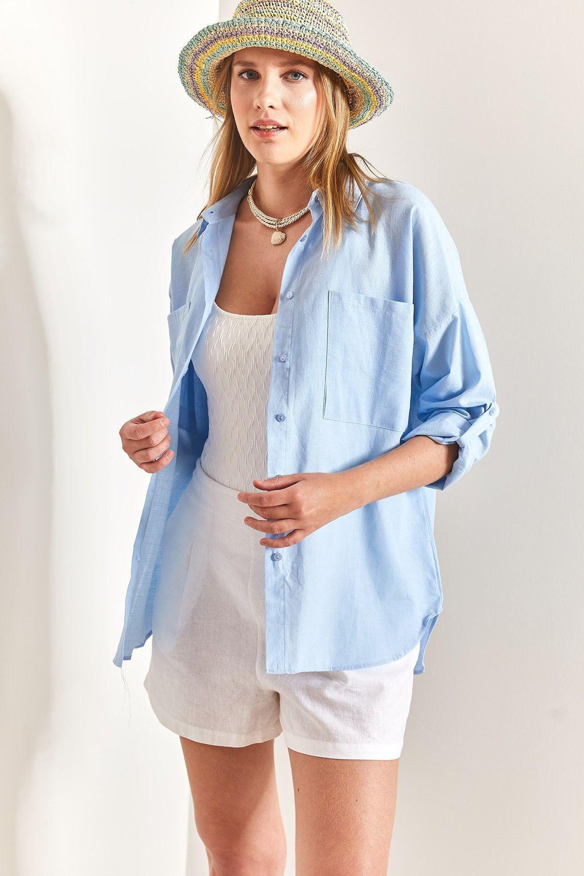 Blue Double Pocket Oversize Linen Shirt, , large image number 3