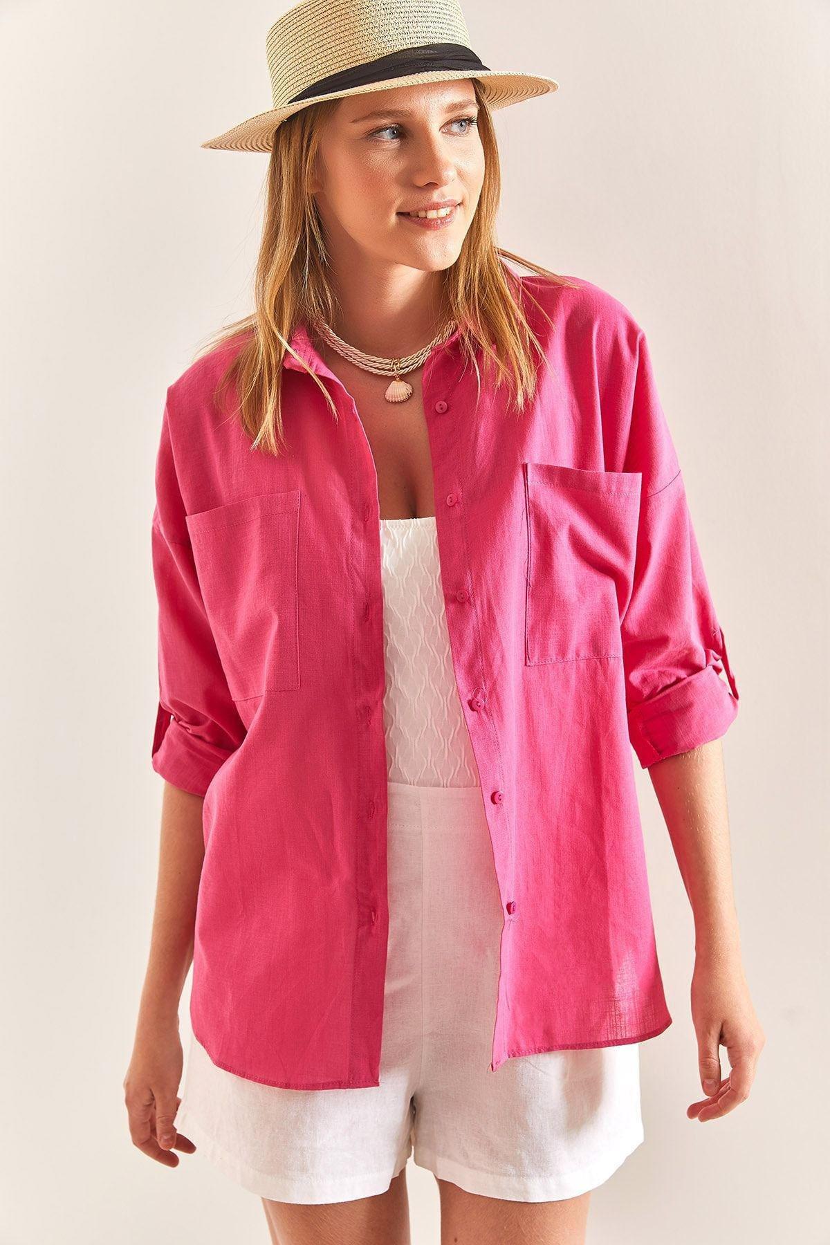 Pink Oversized Linen Shirt, Fuchsia, large image number 4