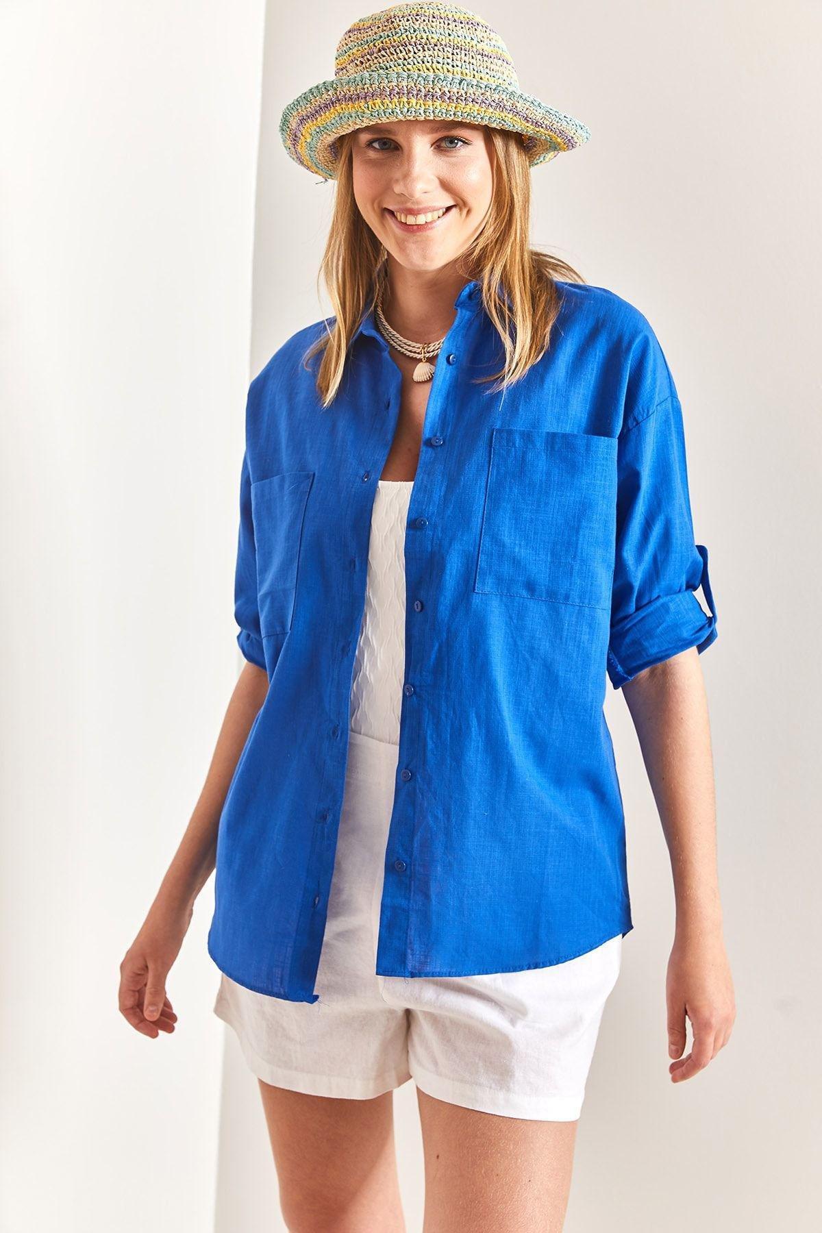 Blue Double Pocket Oversize Linen Shirt, C101_5645, large image number 3