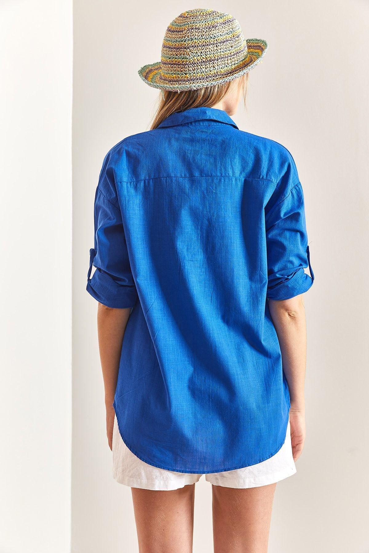 Blue Double Pocket Oversize Linen Shirt, C101_5645, large image number 4