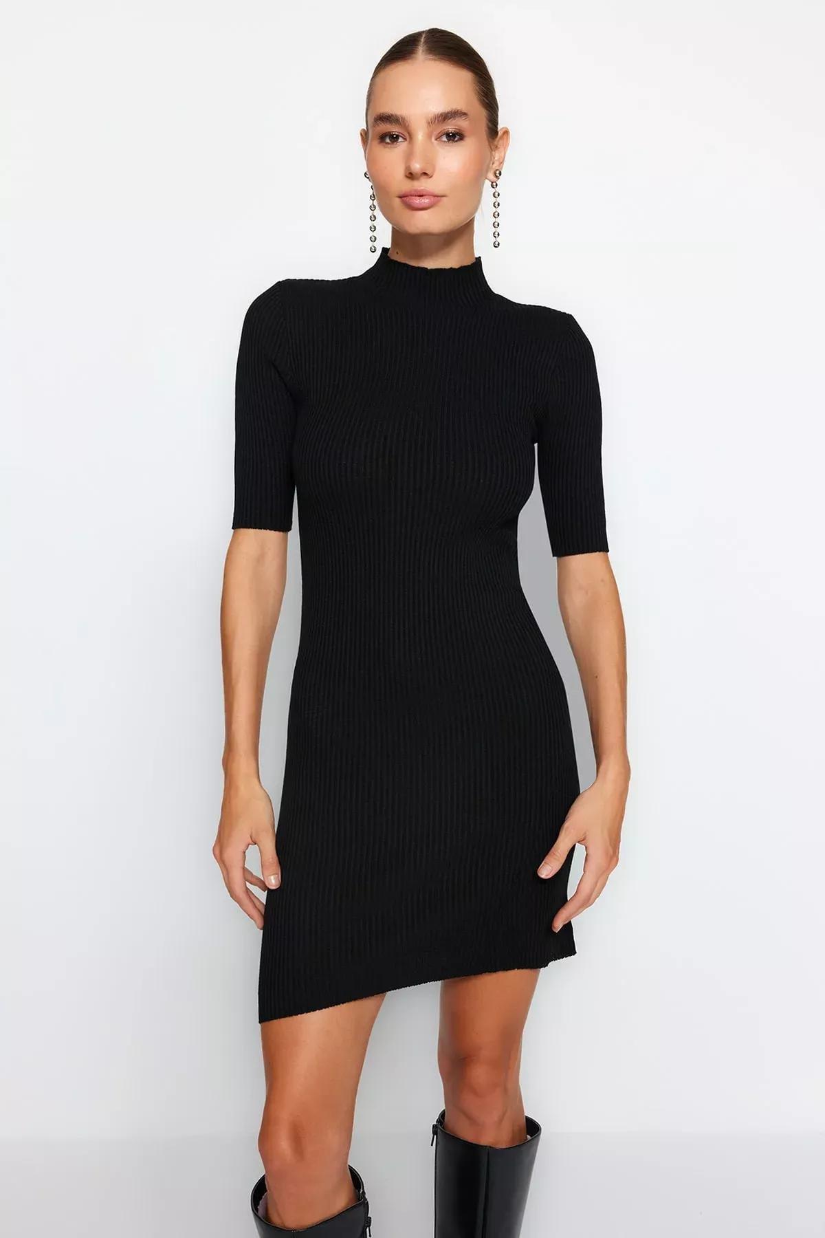 Black High-Collar Knitwear Dress, BLACK, large image number 1