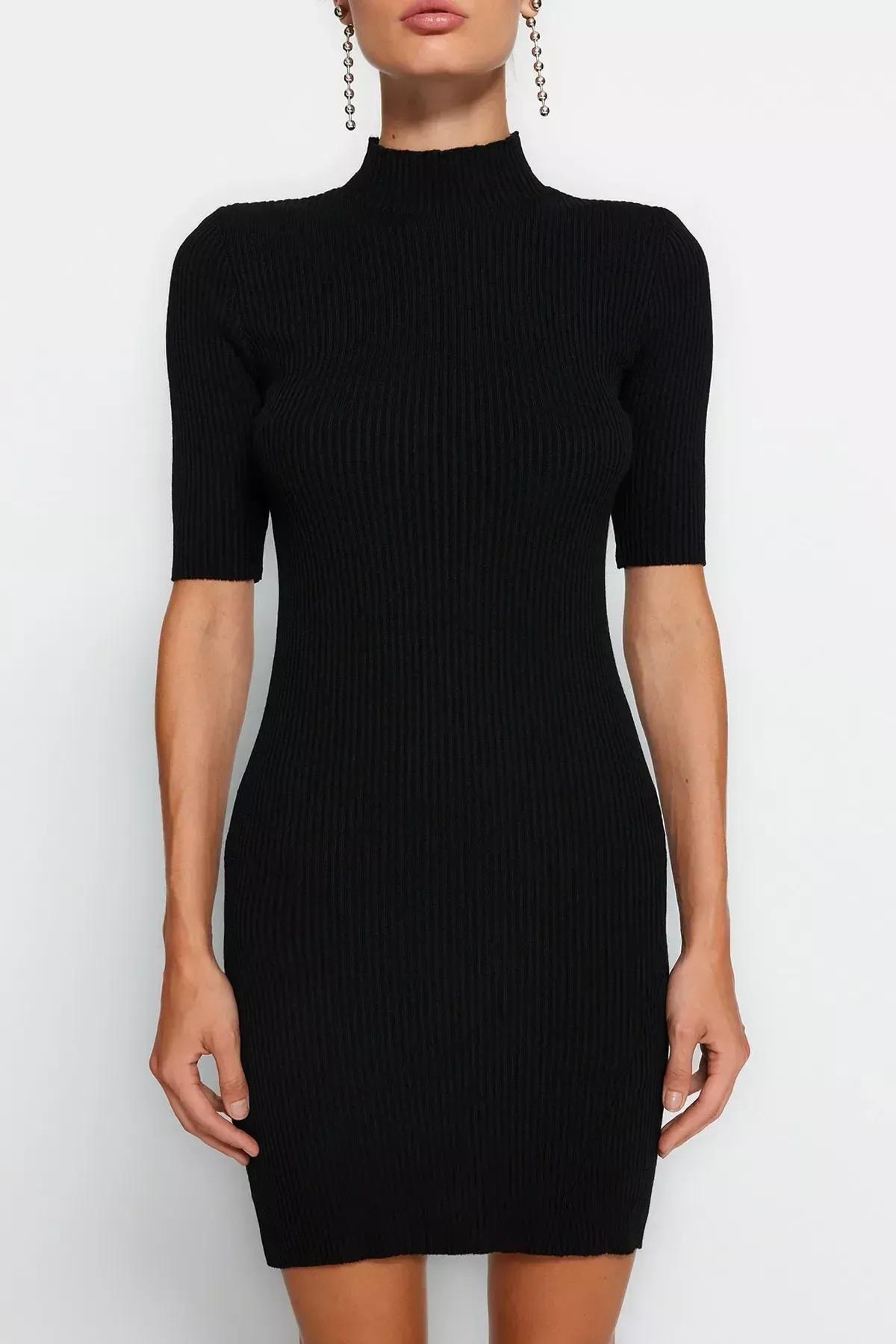 Black High-Collar Knitwear Dress, BLACK, large image number 3