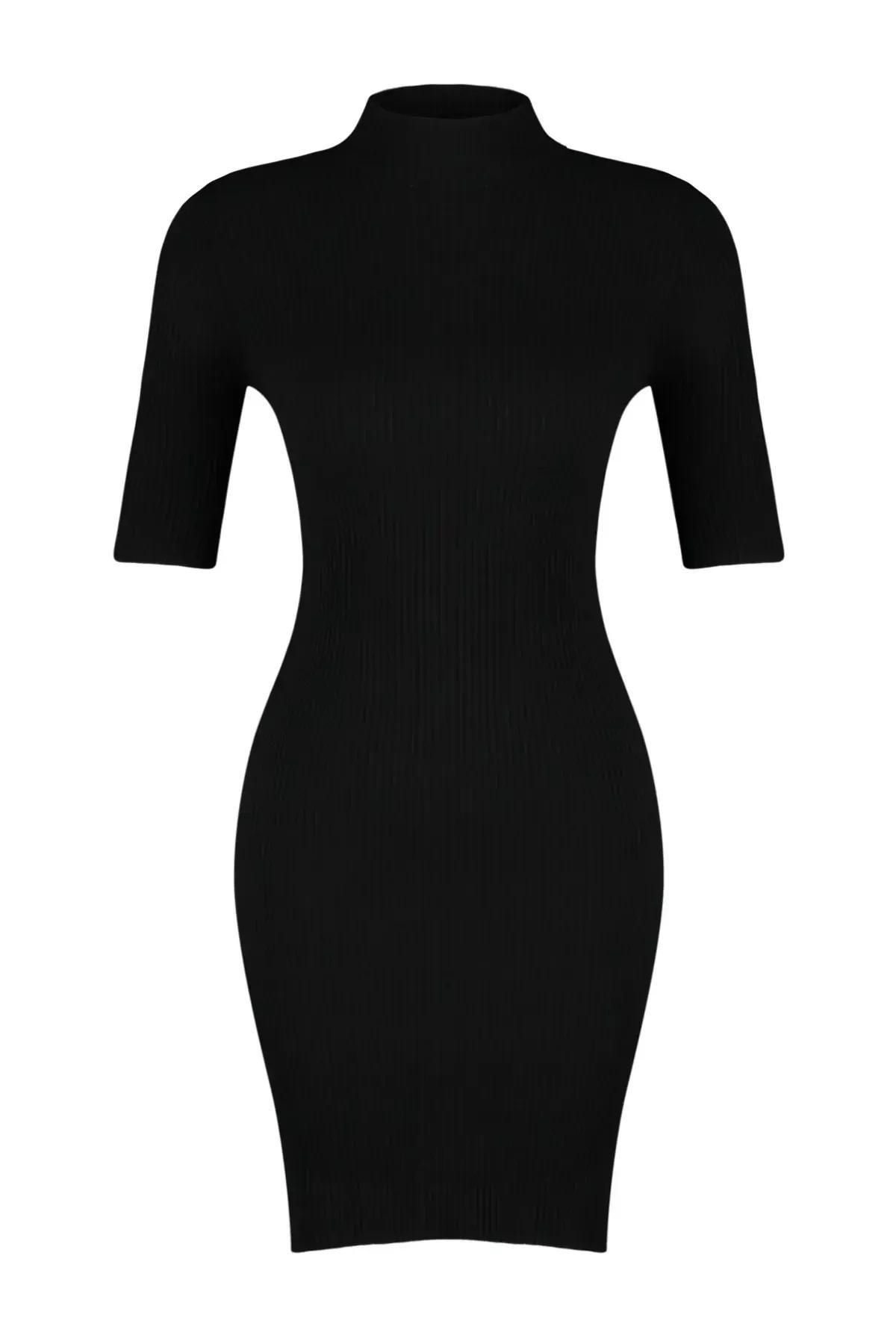 Black High-Collar Knitwear Dress, BLACK, large image number 4