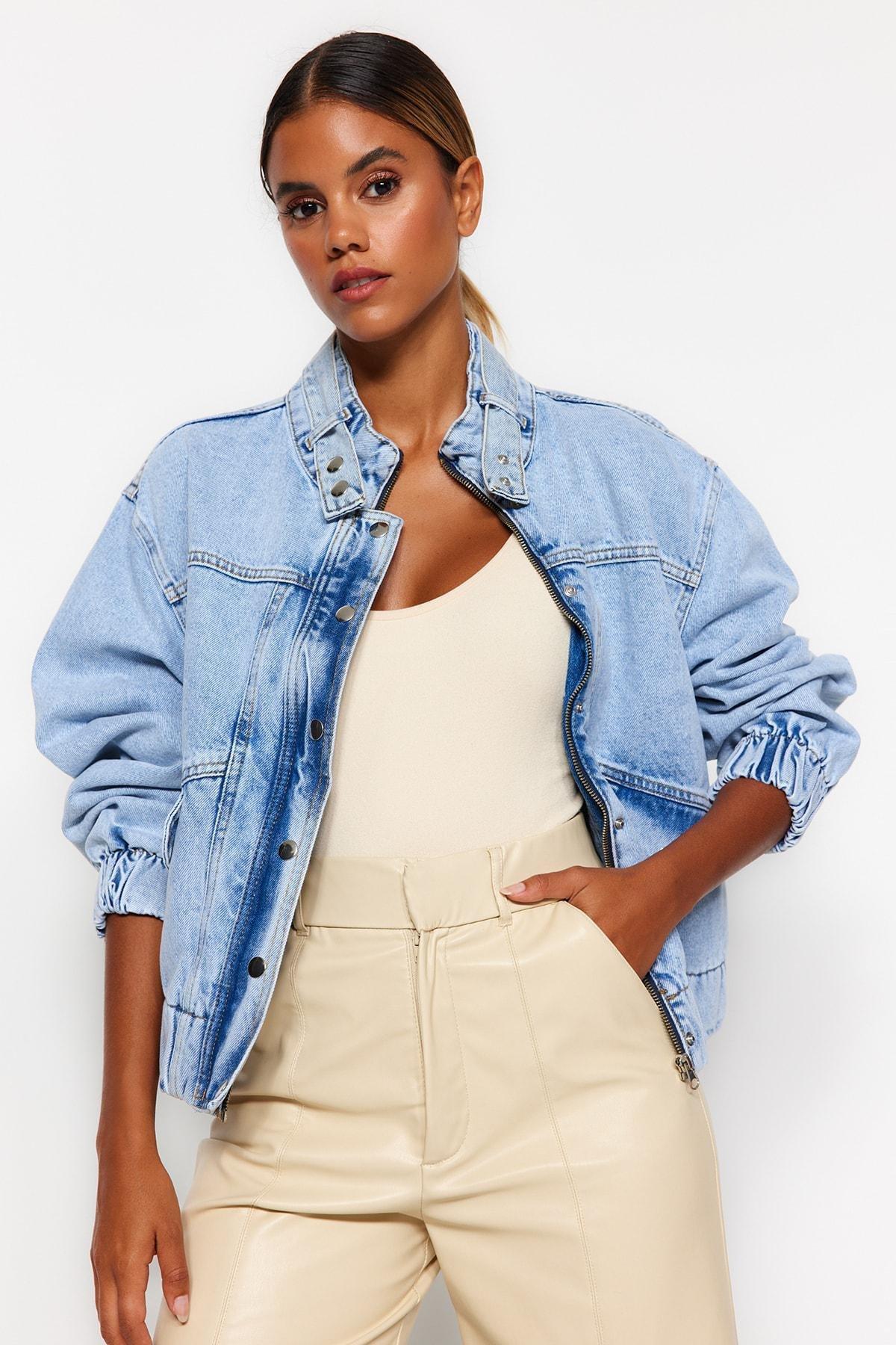 Trendyol - Blue Oversized Bomber Denim Jacket