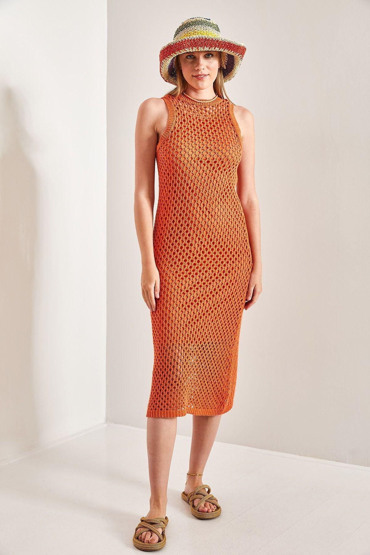 Orange Lined Sweater Dress, Orange, large image number 3