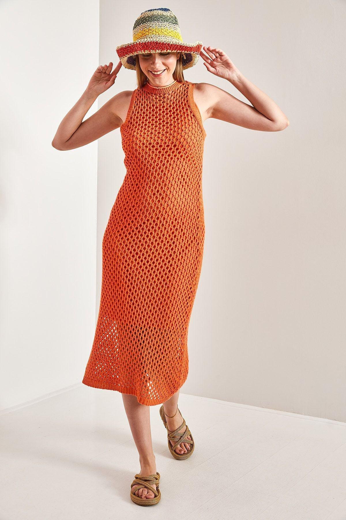 Orange Lined Sweater Dress, Orange, large image number 4
