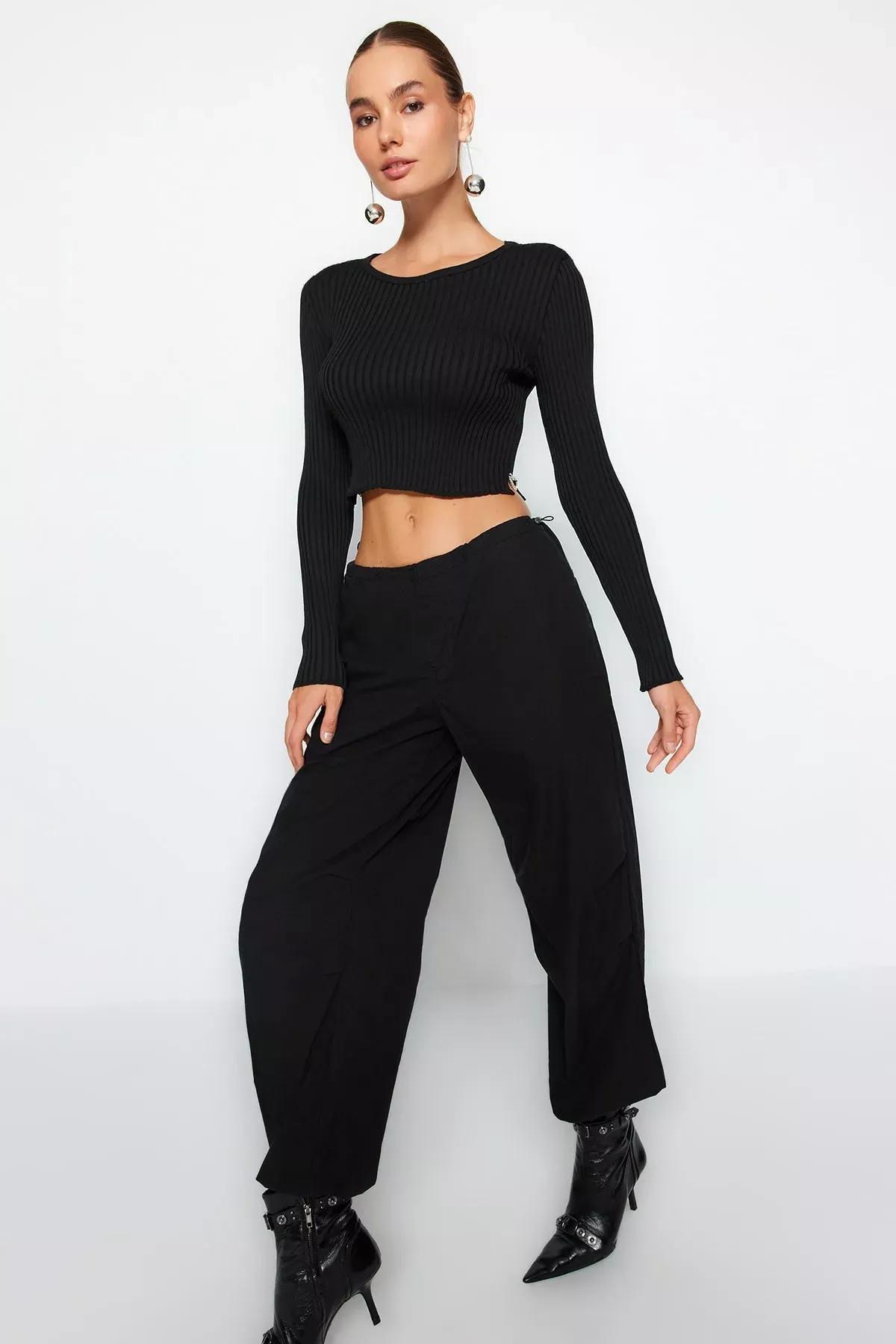 Black Super Crop Knitwear Sweater, BLACK, large image number 1