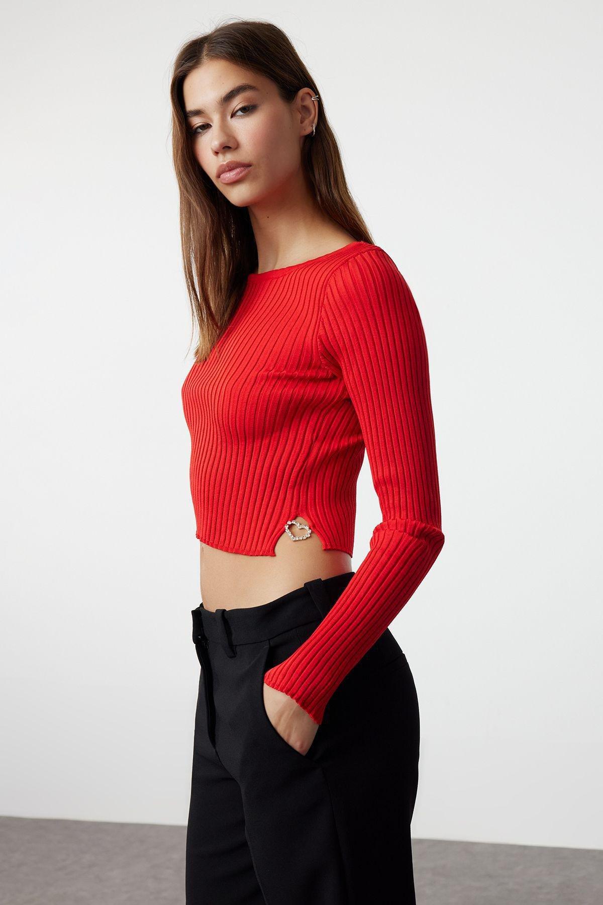 Red Textured Cropped Sweater TWOAW24KZ01122, , large image number 0
