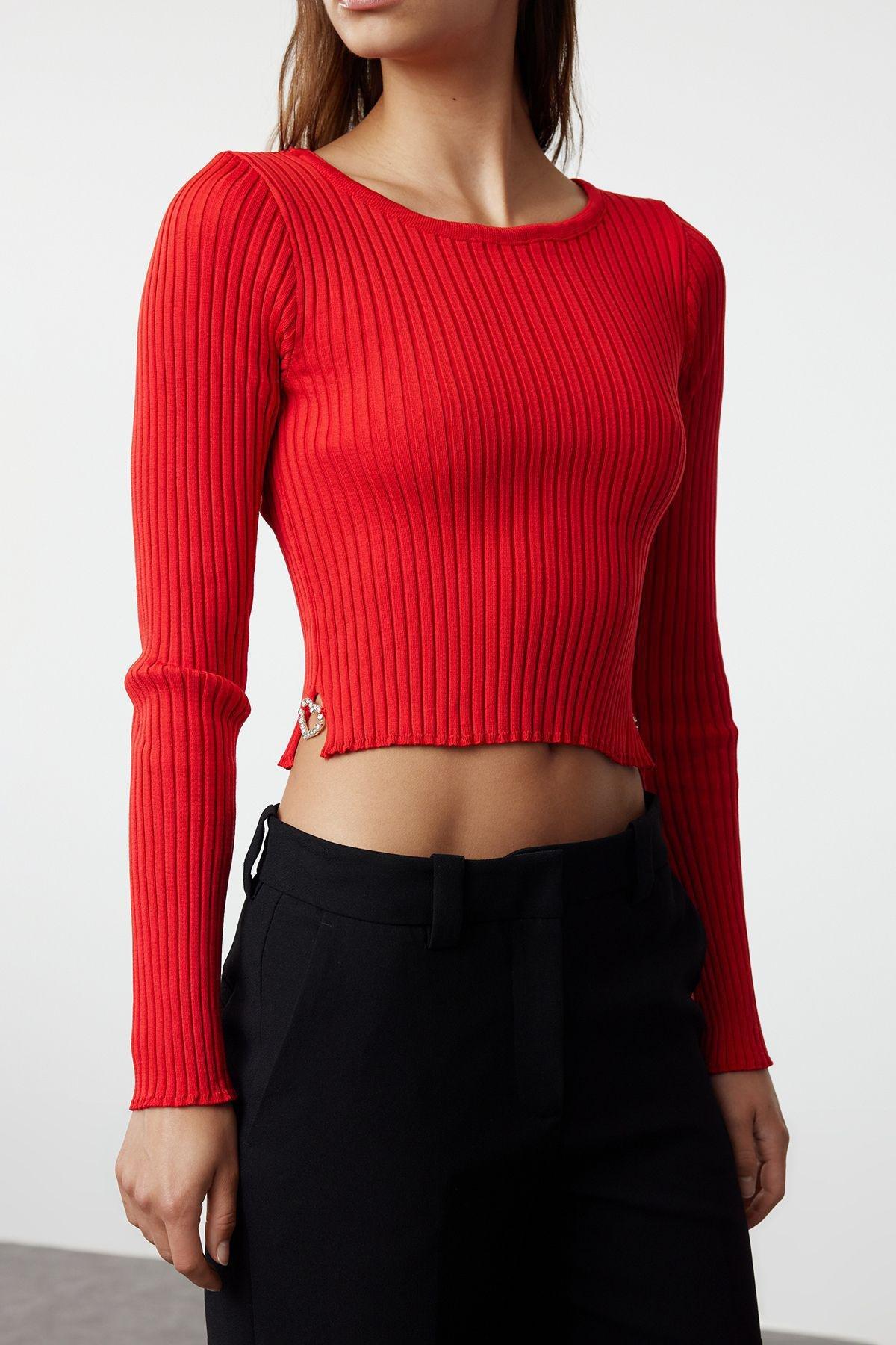 Red Textured Cropped Sweater TWOAW24KZ01122, , large image number 3