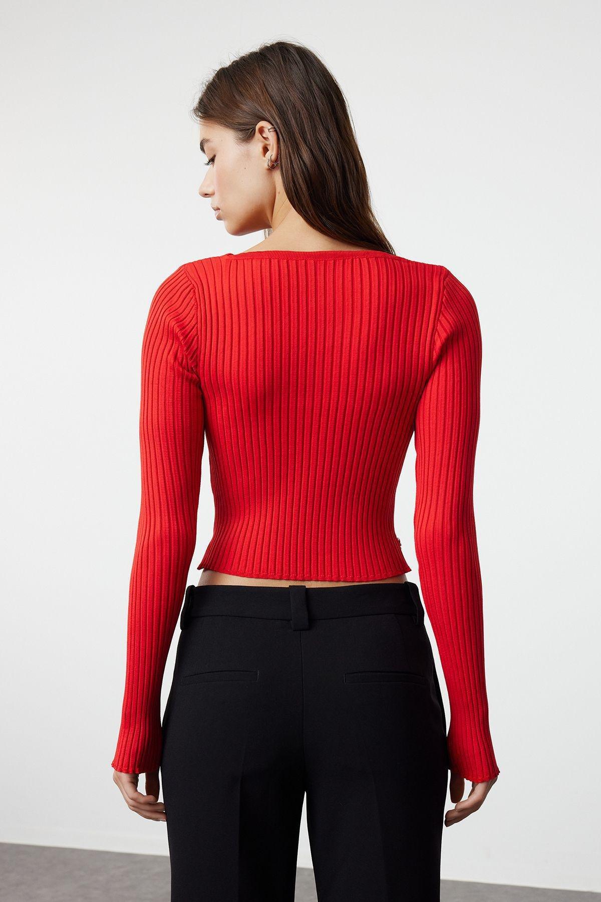 Red Textured Cropped Sweater TWOAW24KZ01122, , large image number 4