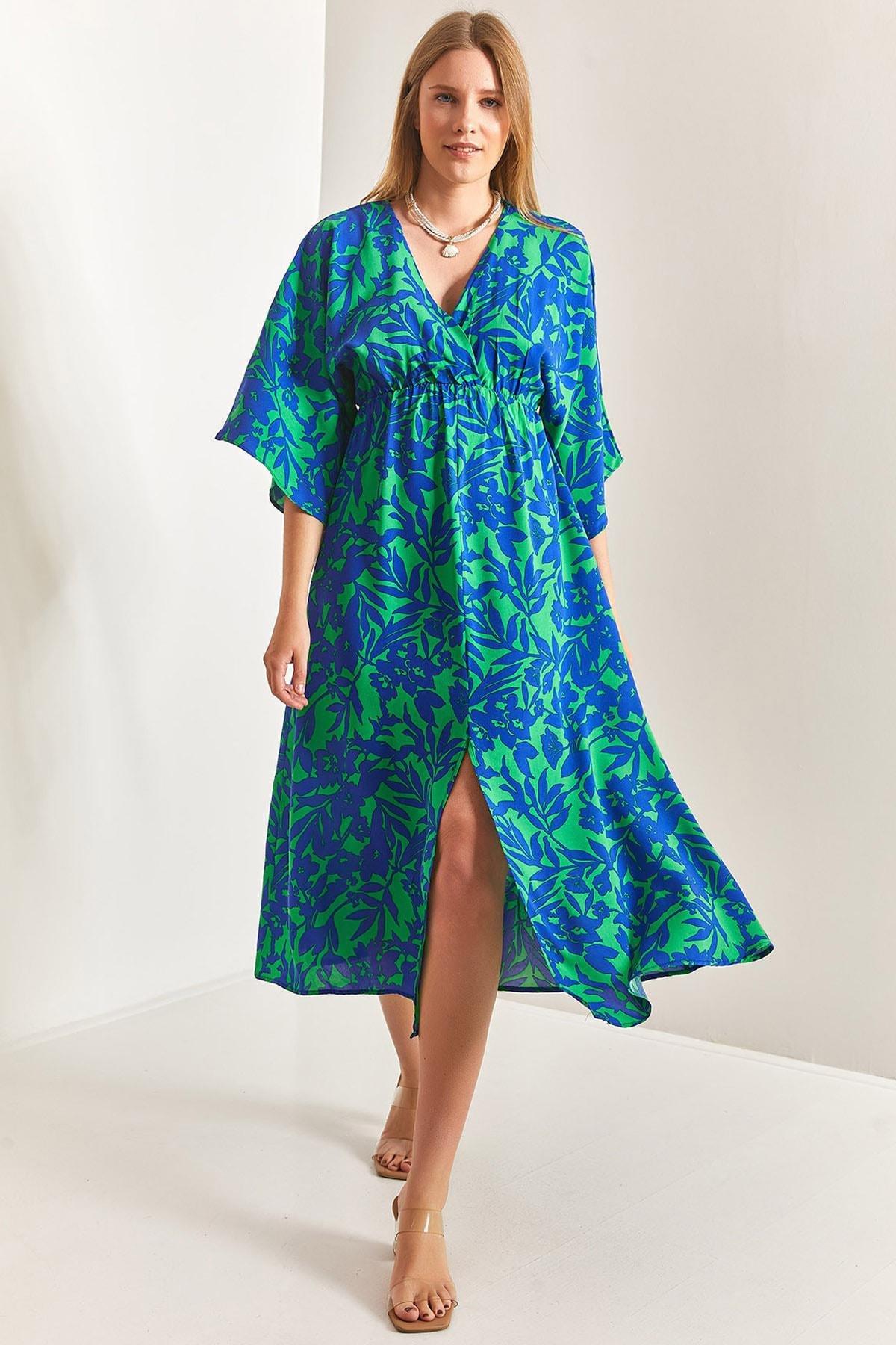 Blue Double Breasted Neck Front Slit Dress, C101_5645, large image number 0