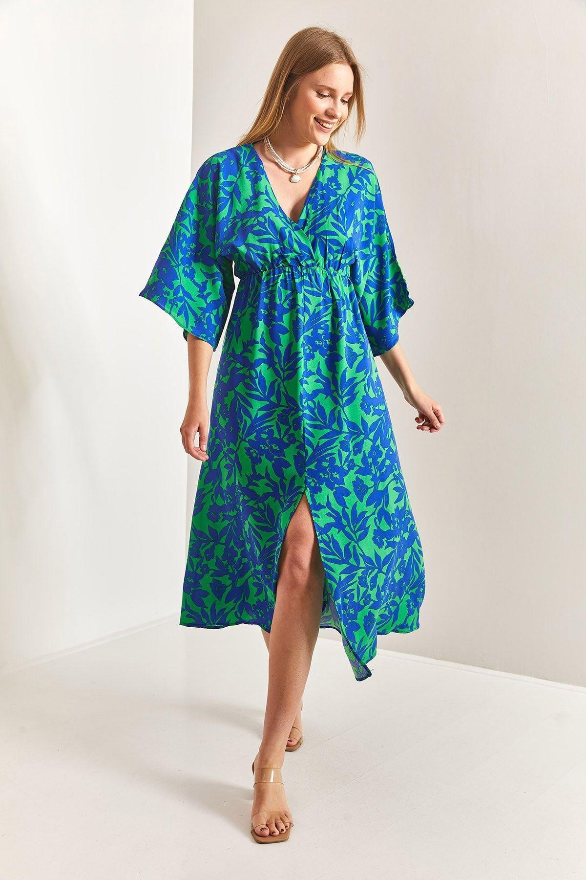 Blue Double Breasted Neck Front Slit Dress, C101_5645, large image number 1