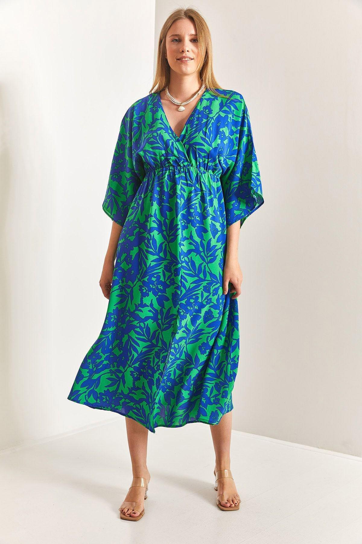 Blue Double Breasted Neck Front Slit Dress, C101_5645, large image number 2
