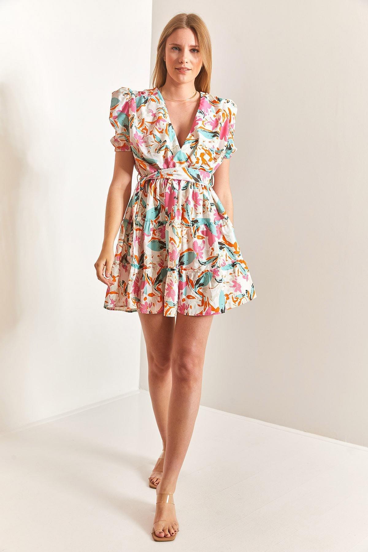 Multicolour Balloon Sleeve V-Neck Dress, C101_1704, large image number 1