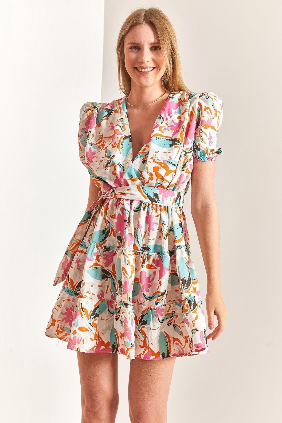 Multicolour Balloon Sleeve V-Neck Dress, C101_1704, large image number 2