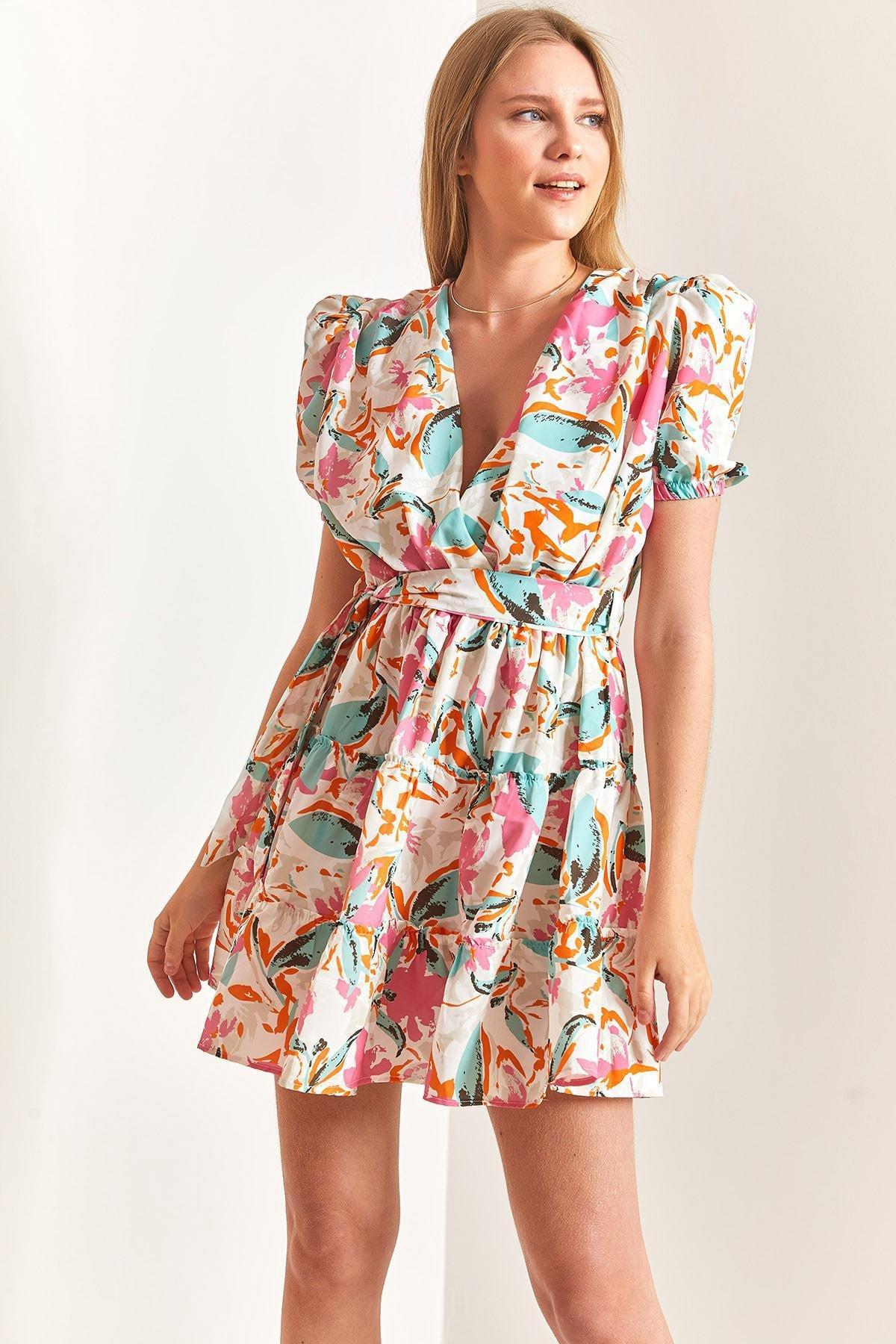 Multicolour Balloon Sleeve V-Neck Dress, C101_1704, large image number 3