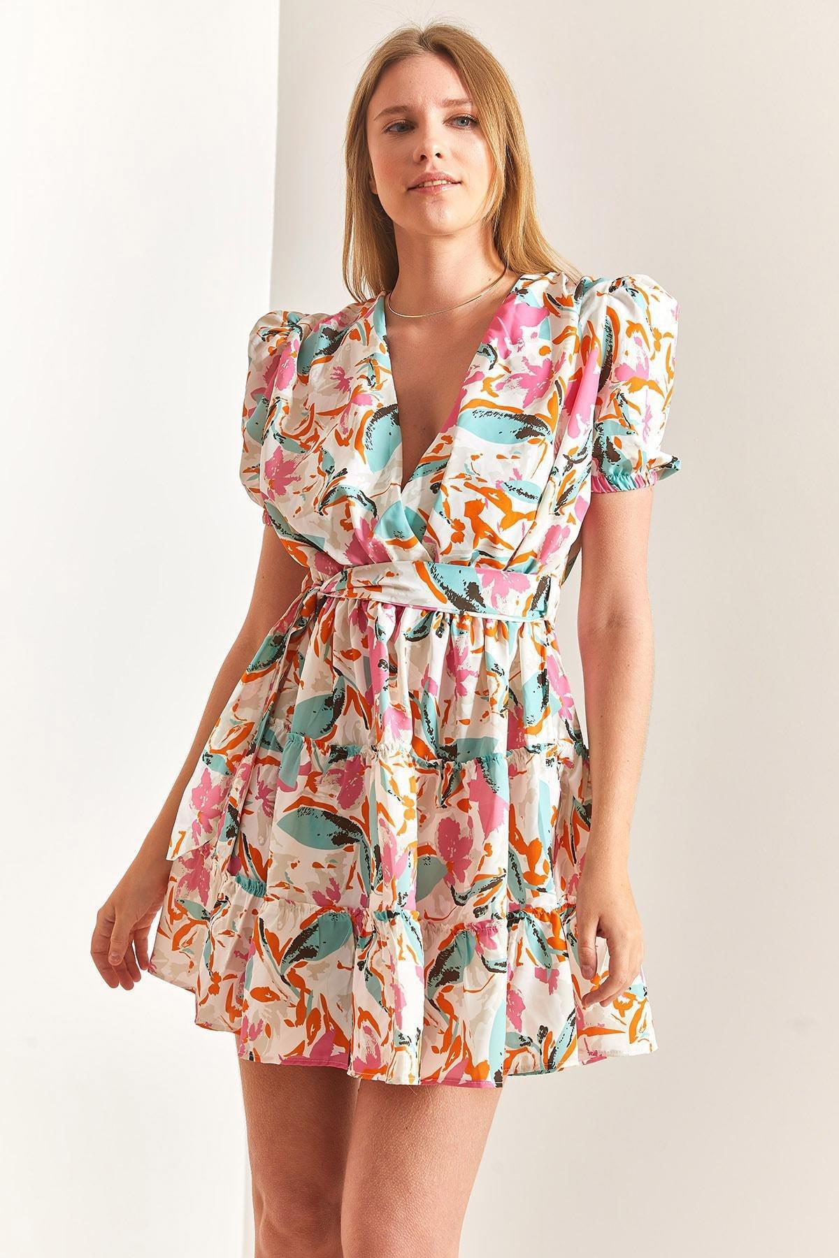 Multicolour Balloon Sleeve V-Neck Dress, C101_1704, large image number 4