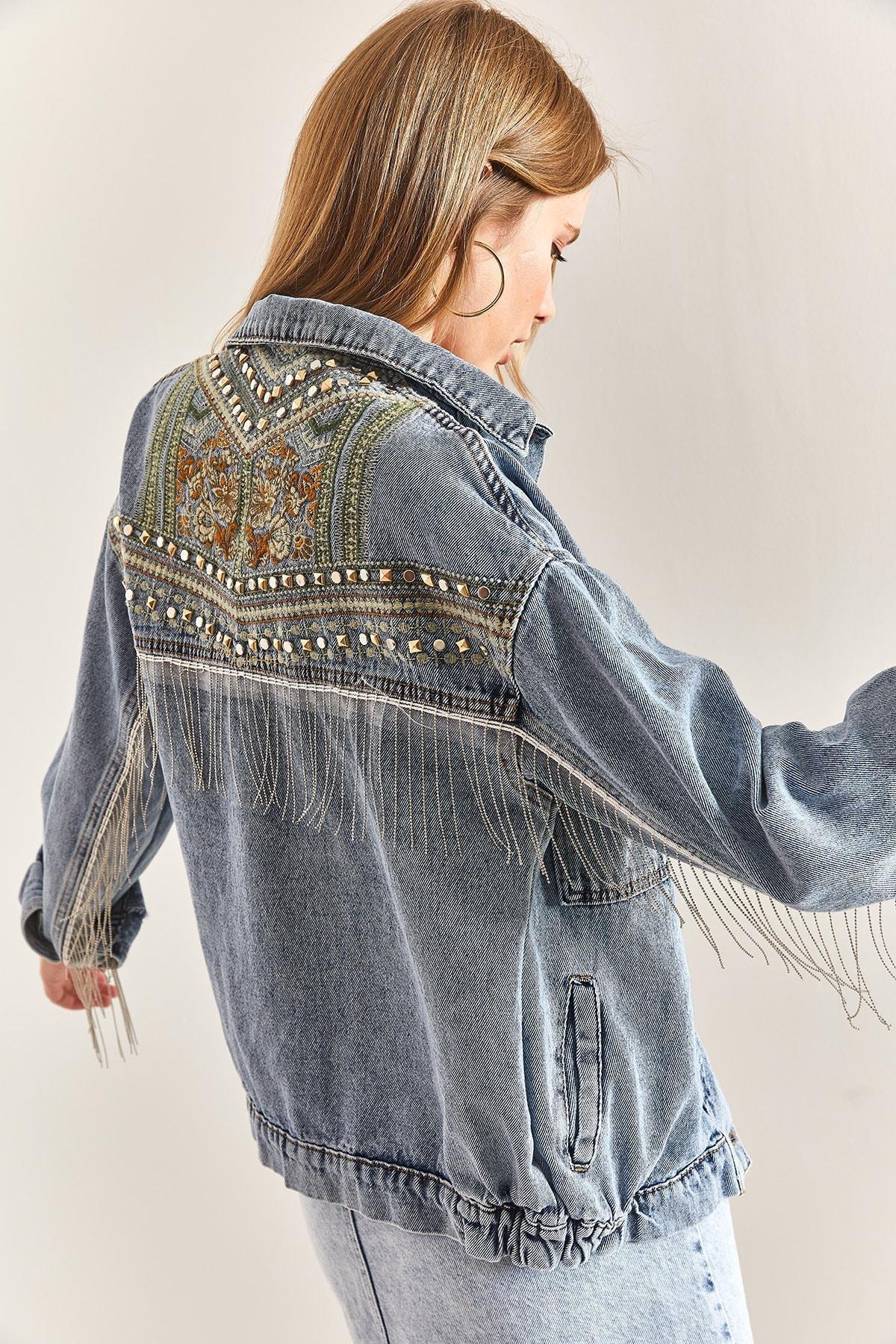 Blue Embroidered Stone Embroidered Denim Jacket, , large image number 0