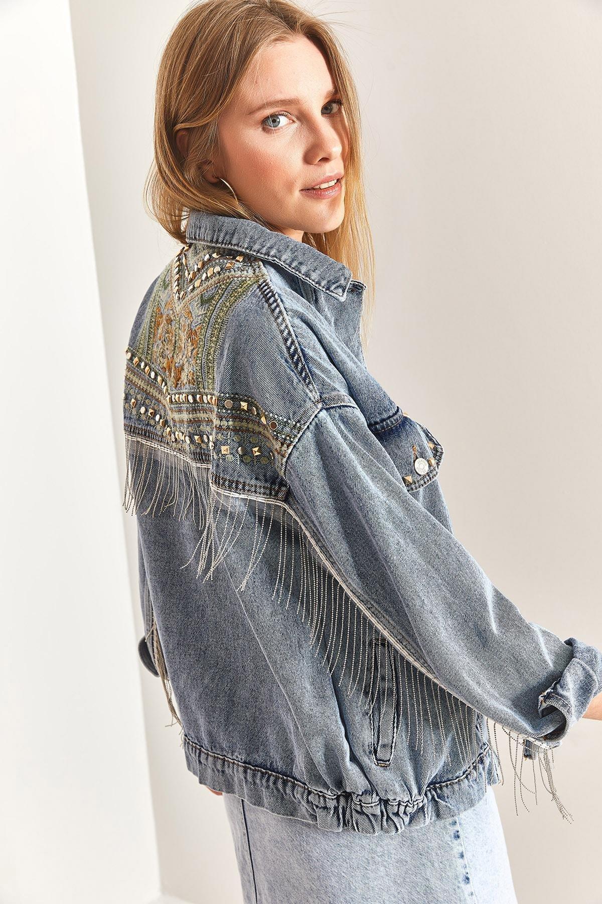 Blue Embroidered Stone Embroidered Denim Jacket, , large image number 1