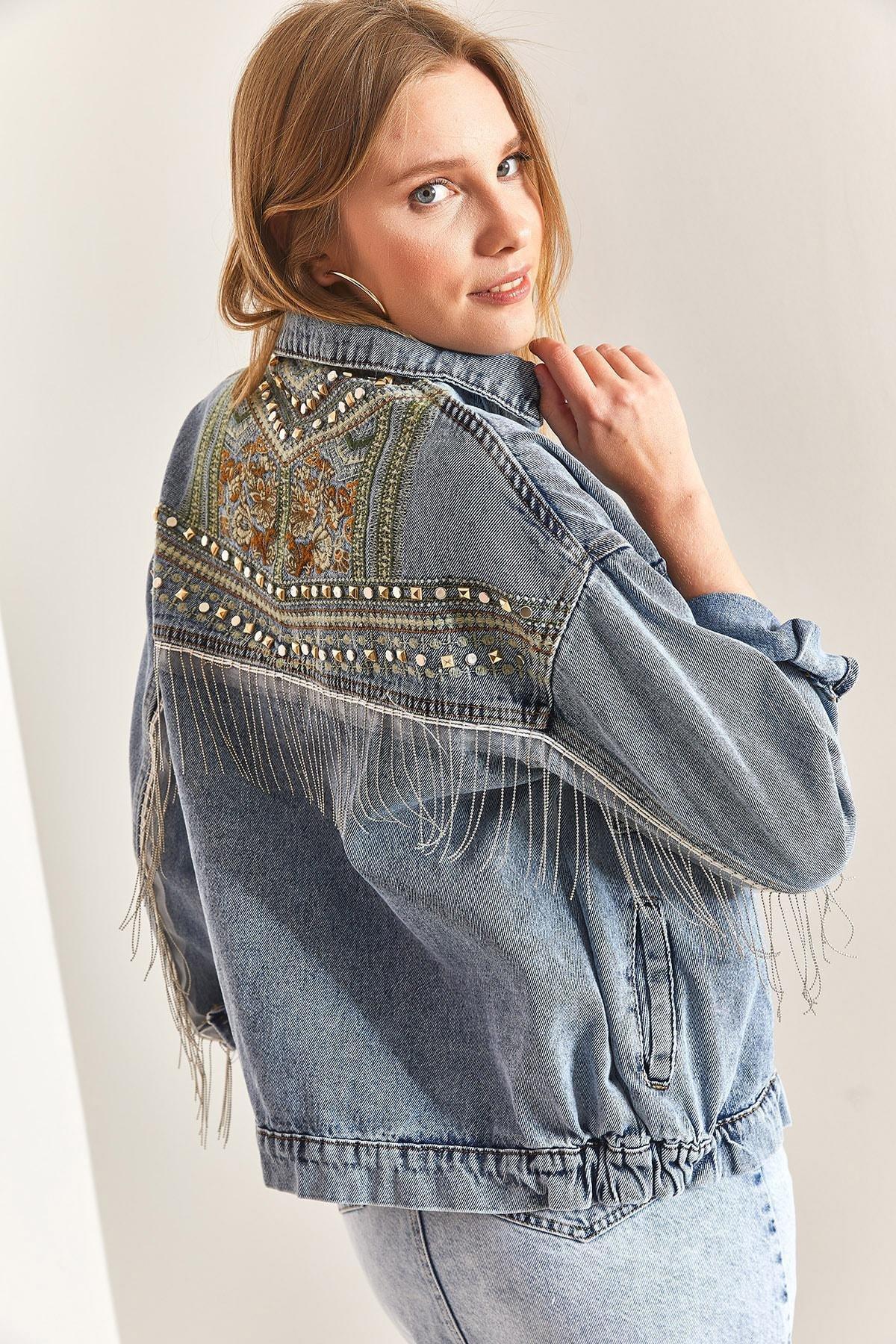 Blue Embroidered Stone Embroidered Denim Jacket, , large image number 2