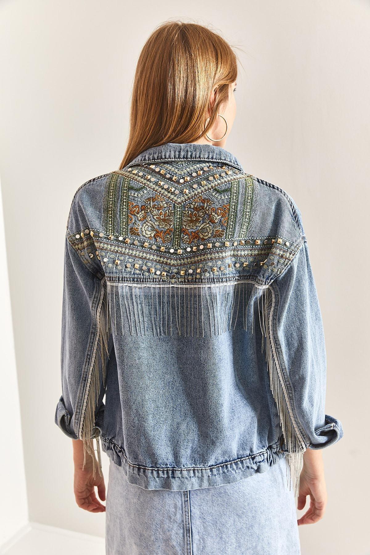 Blue Embroidered Stone Embroidered Denim Jacket, , large image number 6