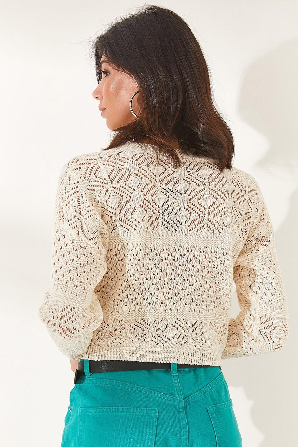 White Patterned Knitted Blouse, Ecru, large image number 3