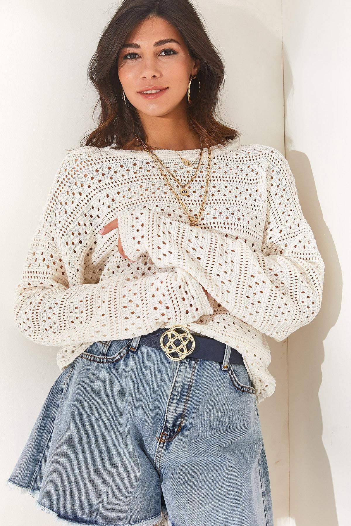 Olalook - Ecru Crew Neck Openwork Blouse