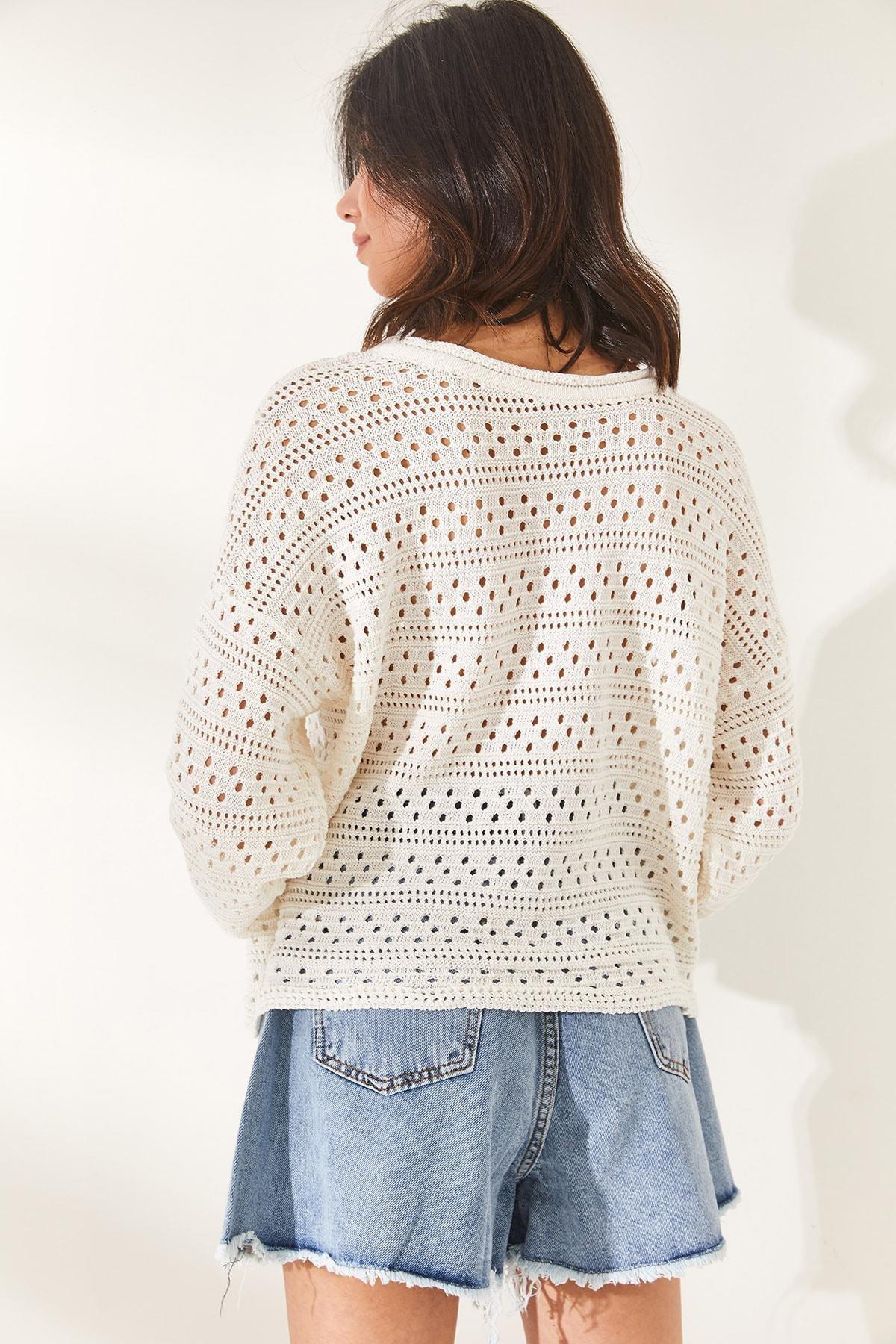 Ecru Crew Neck Openwork Blouse, Ecru, large image number 4