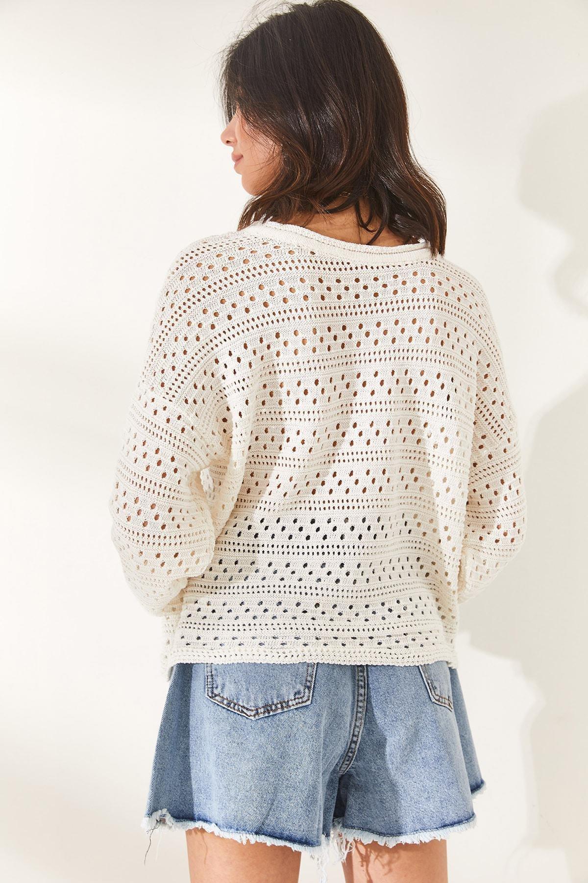 Olalook - Ecru Crew Neck Openwork Blouse