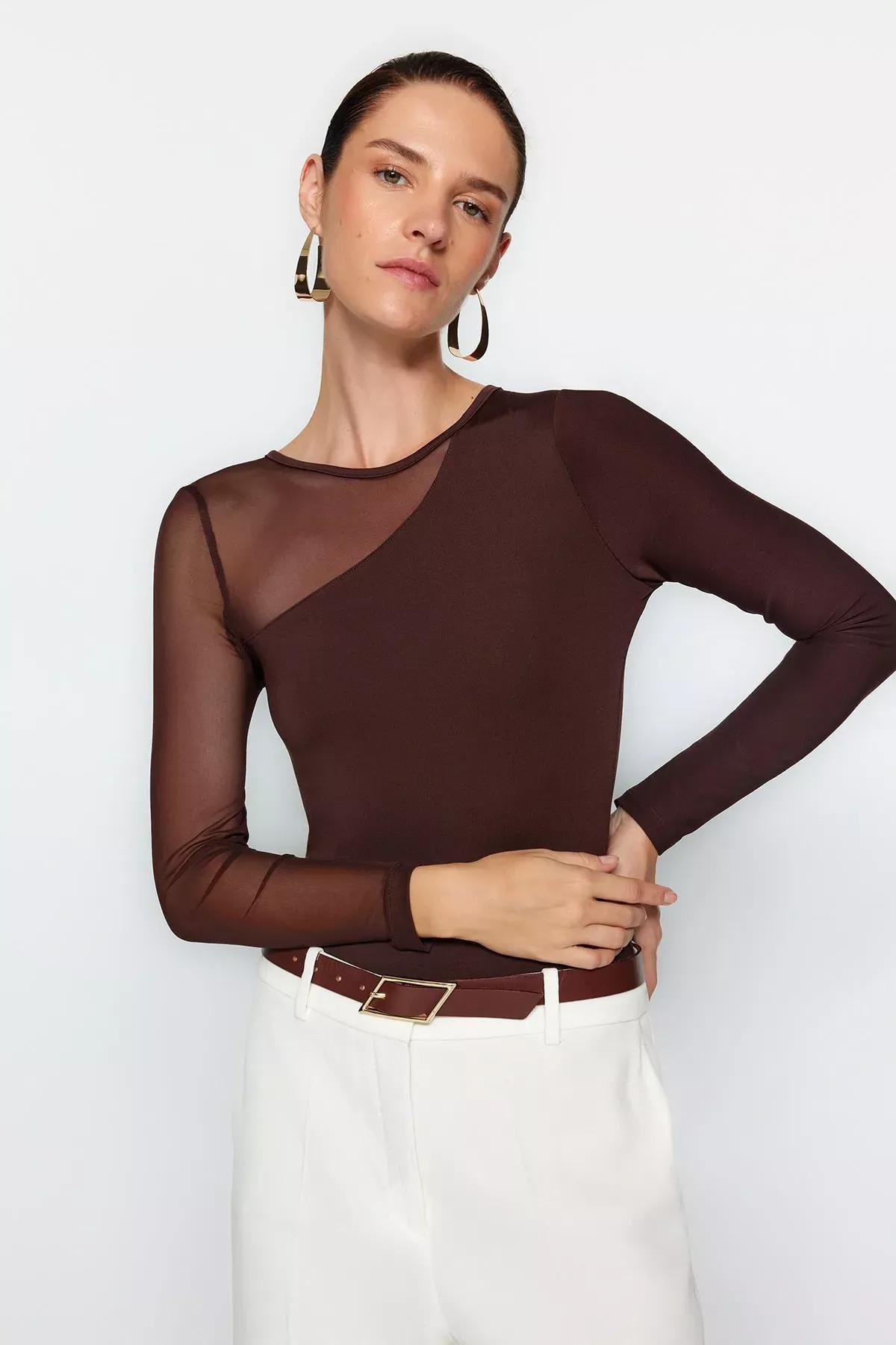 Brown Tulle Detailed Knitted Body, , large image number 0