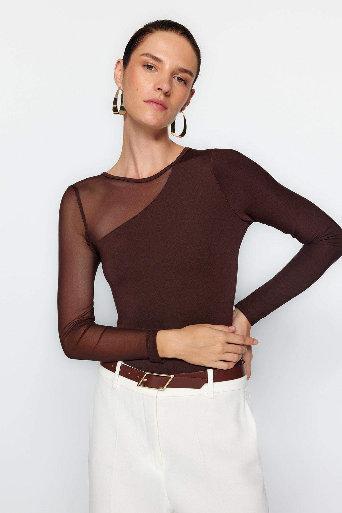 Brown Tulle Detailed Knitted Body, , large image number 0
