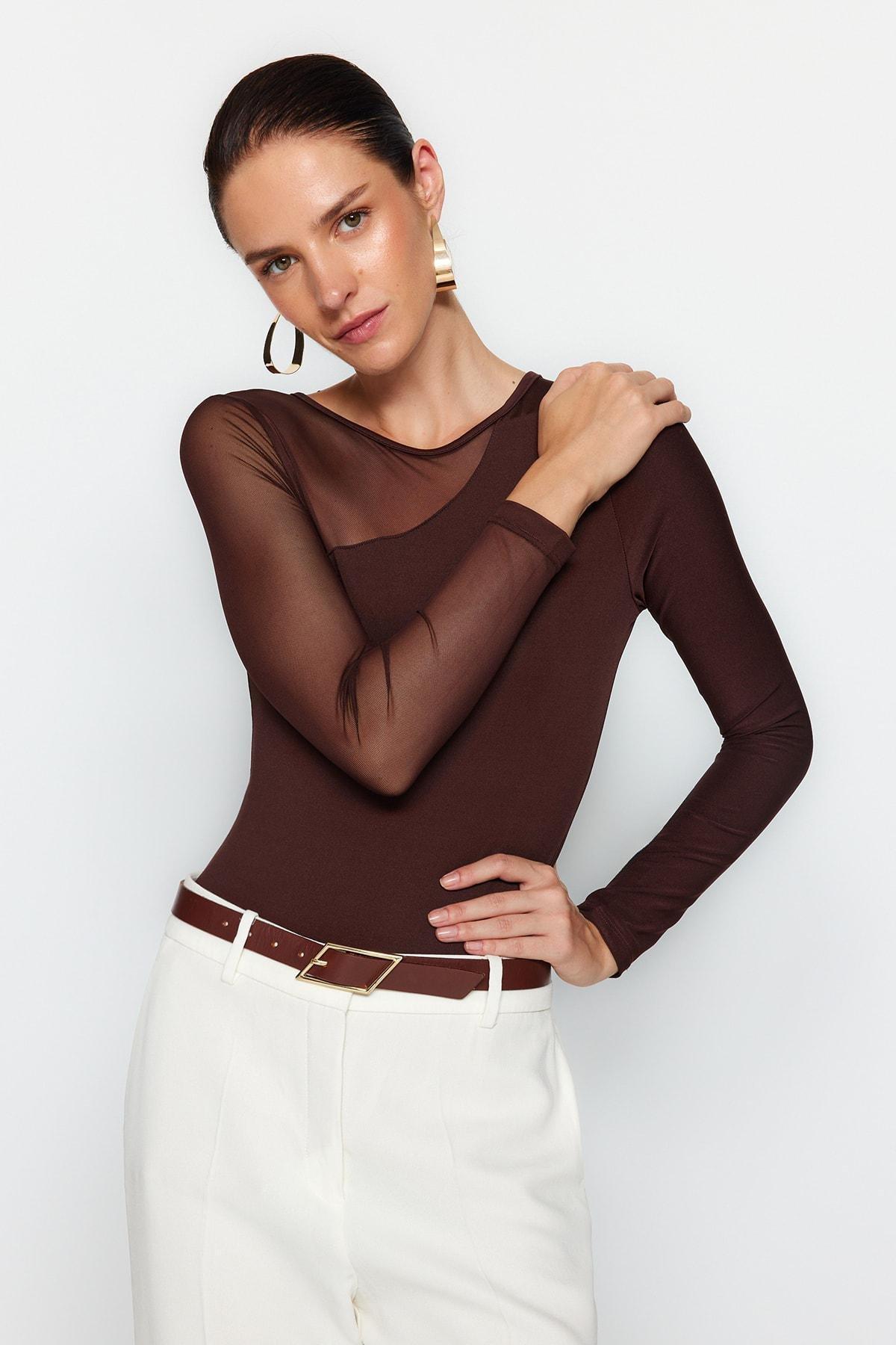 Brown Tulle Detailed Knitted Body, , large image number 1