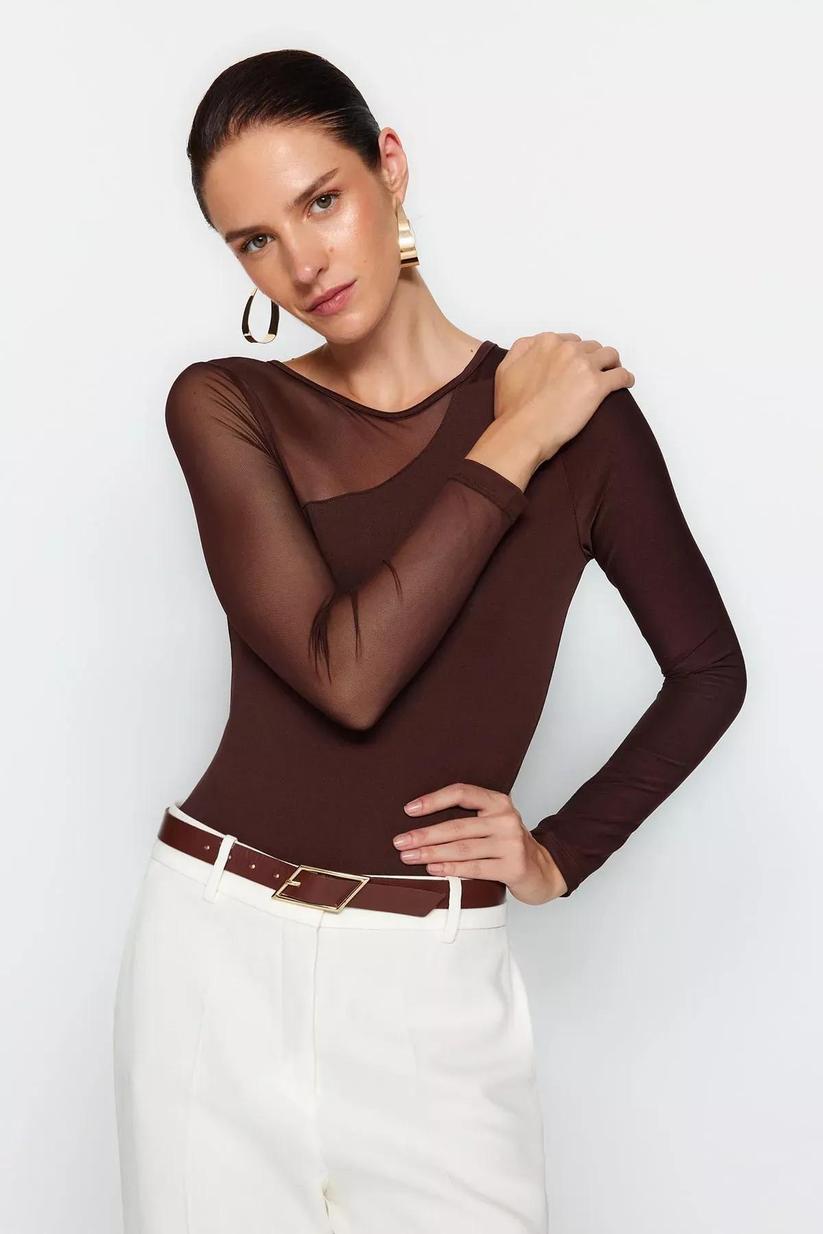 Brown Tulle Detailed Knitted Body, , large image number 2
