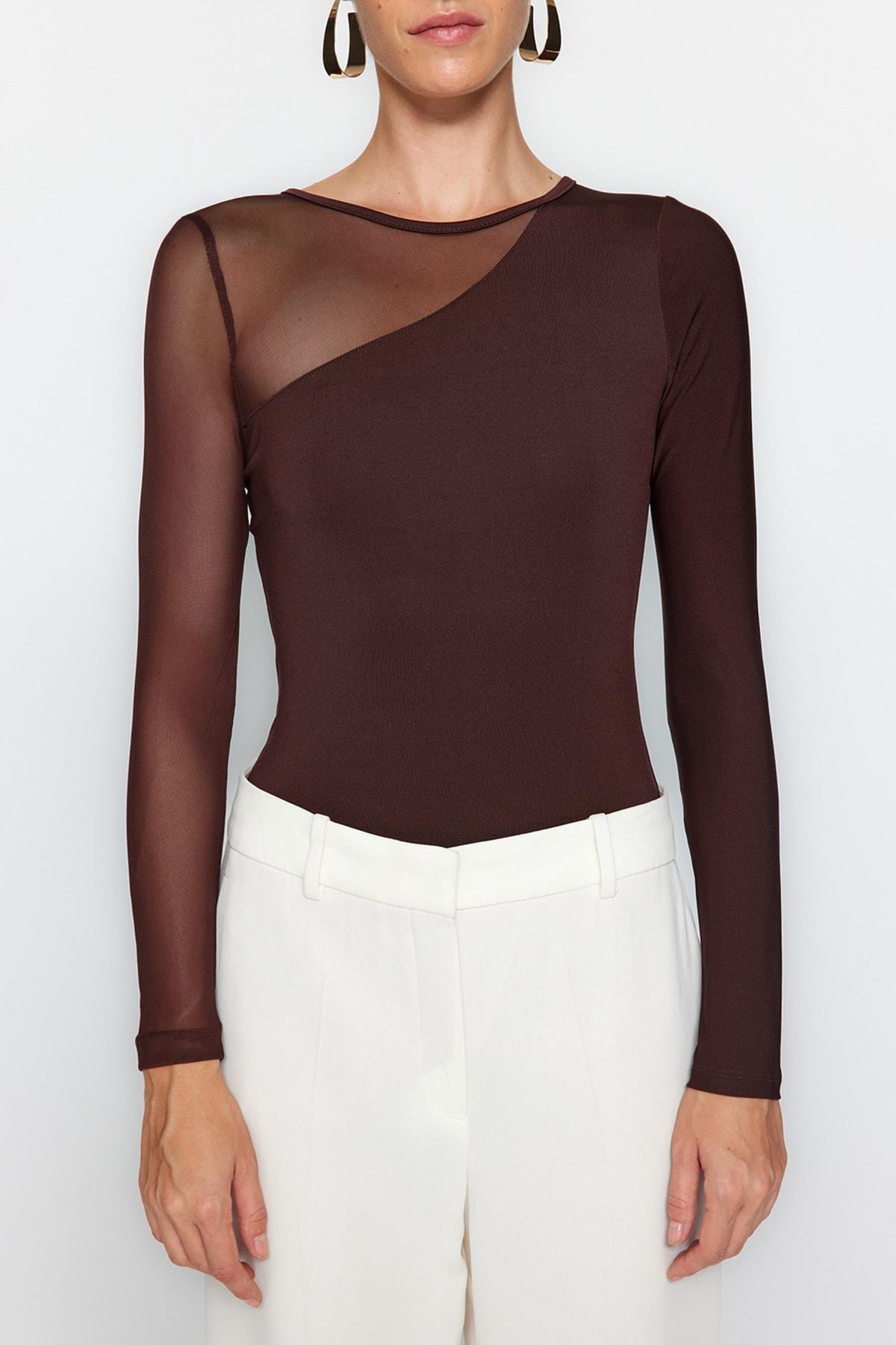Brown Tulle Detailed Knitted Body, , large image number 2