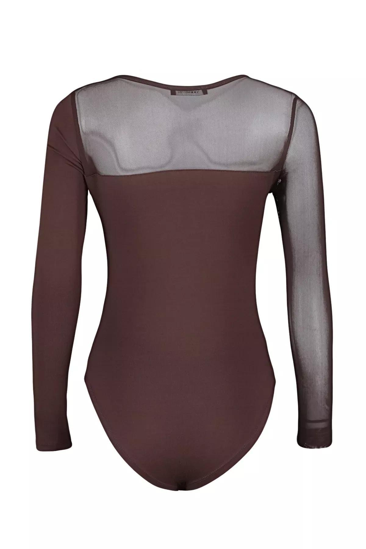 Brown Tulle Detailed Knitted Body, Brown, large image number 7