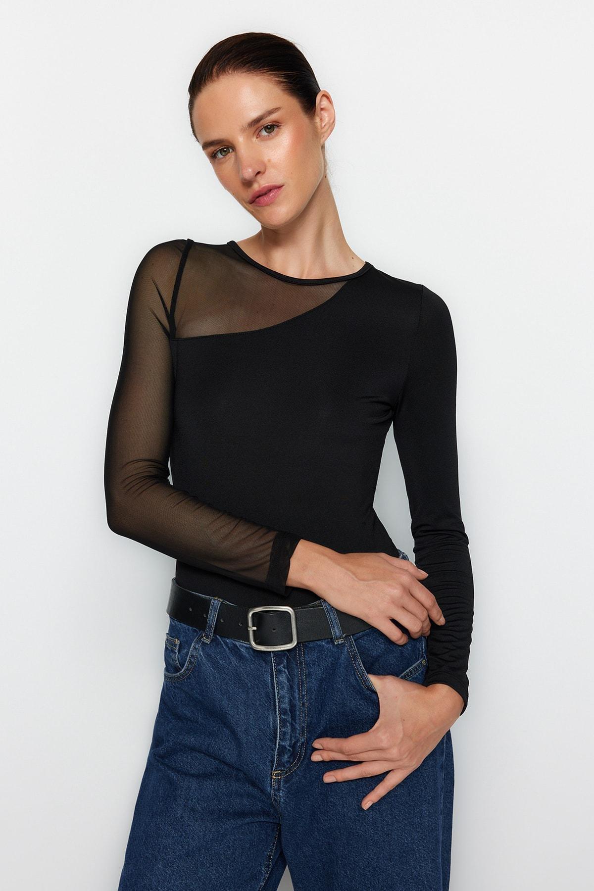Black Crew Neck Snap Fastener Knitted Body, , large image number 0