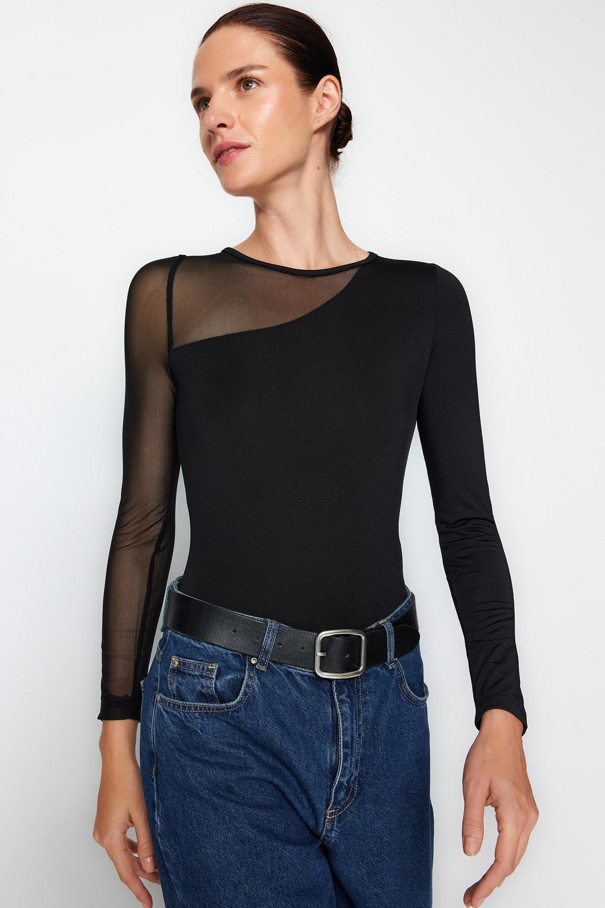 Black Crew Neck Snap Fastener Knitted Body, , large image number 1