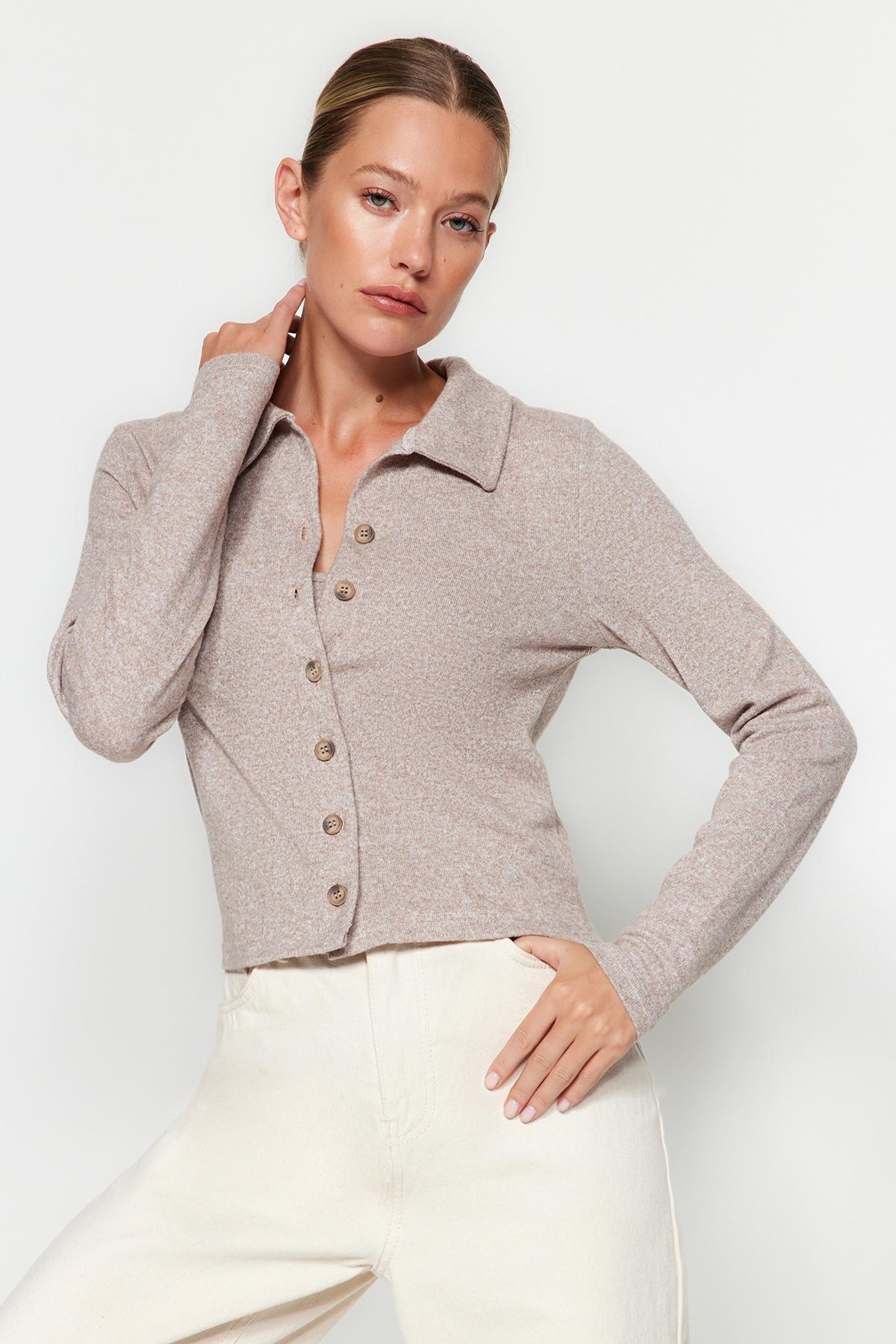 Beige Button Detailed Shirt Collar Cardigan Set, , large image number 2