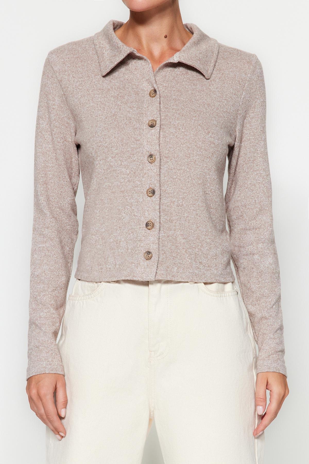 Beige Button Detailed Shirt Collar Cardigan Set, , large image number 3