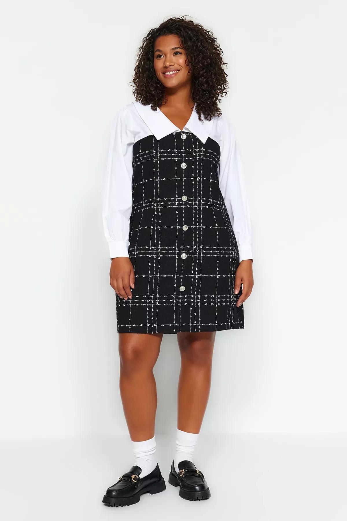 Black Checked Tweed Dress, BLACK, large image number 0