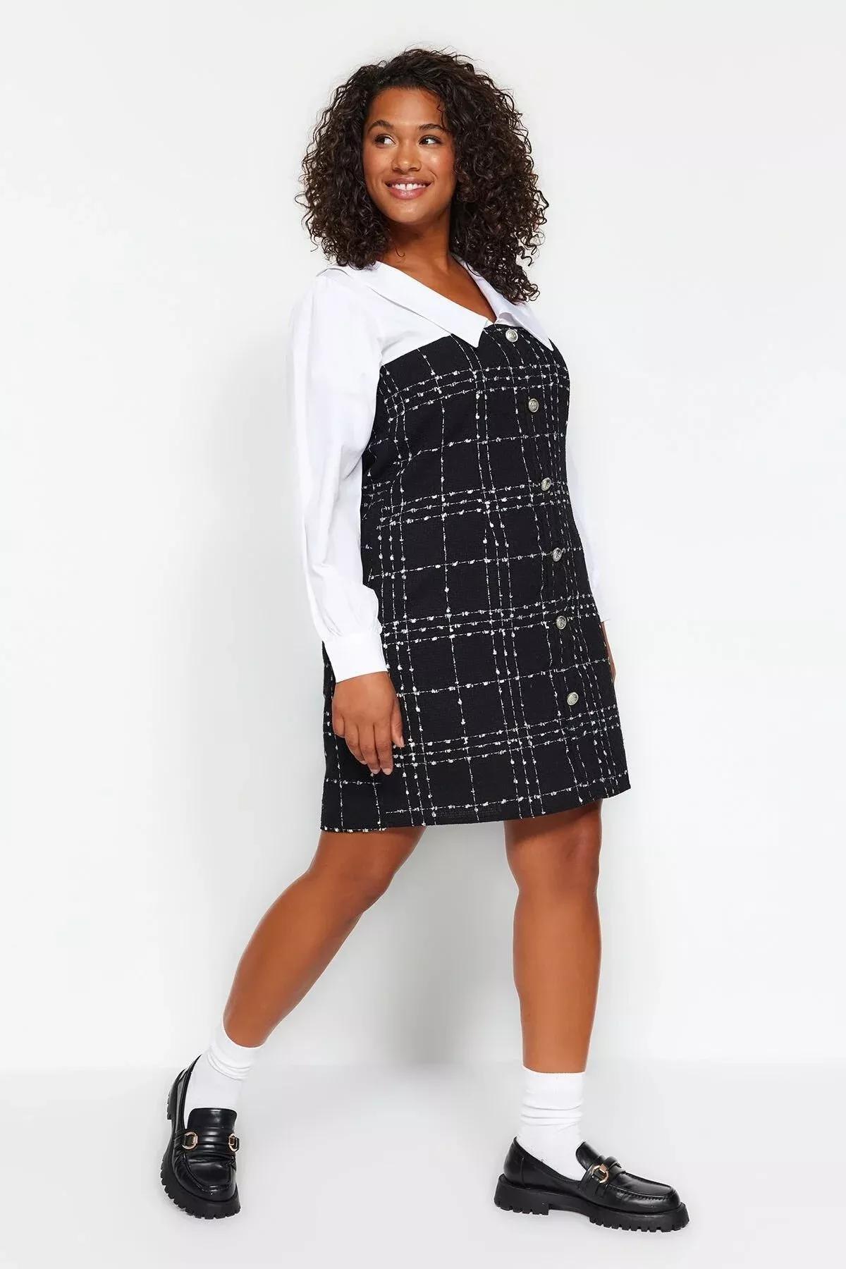 Black Checked Tweed Dress, BLACK, large image number 2