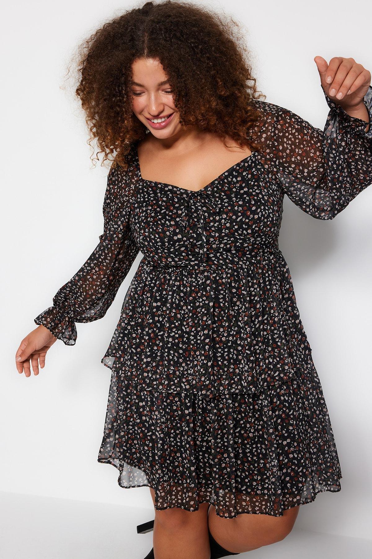 Black Floral Patterned Chiffon Dress, , large image number 1