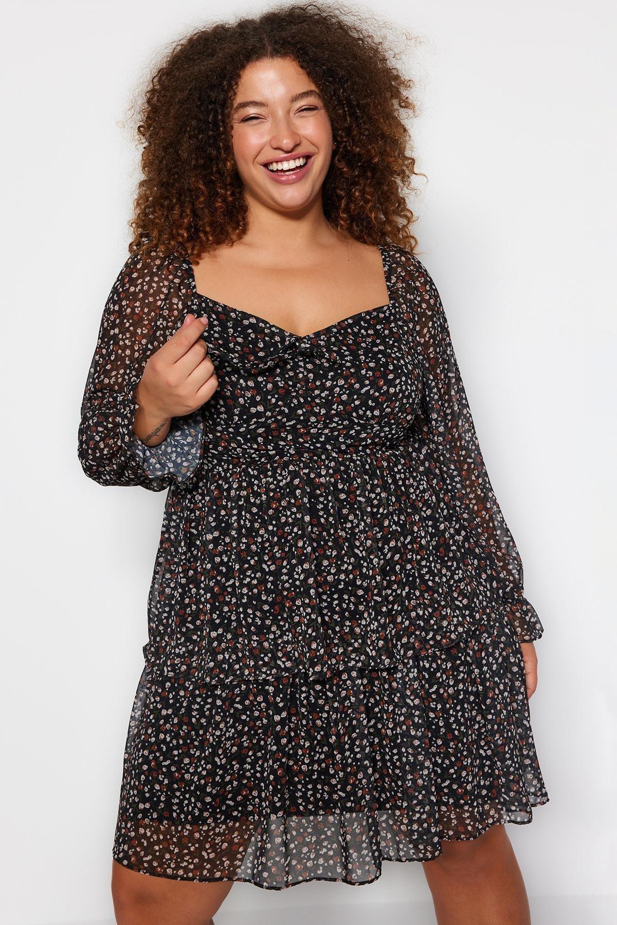 Black Floral Patterned Chiffon Dress, , large image number 2