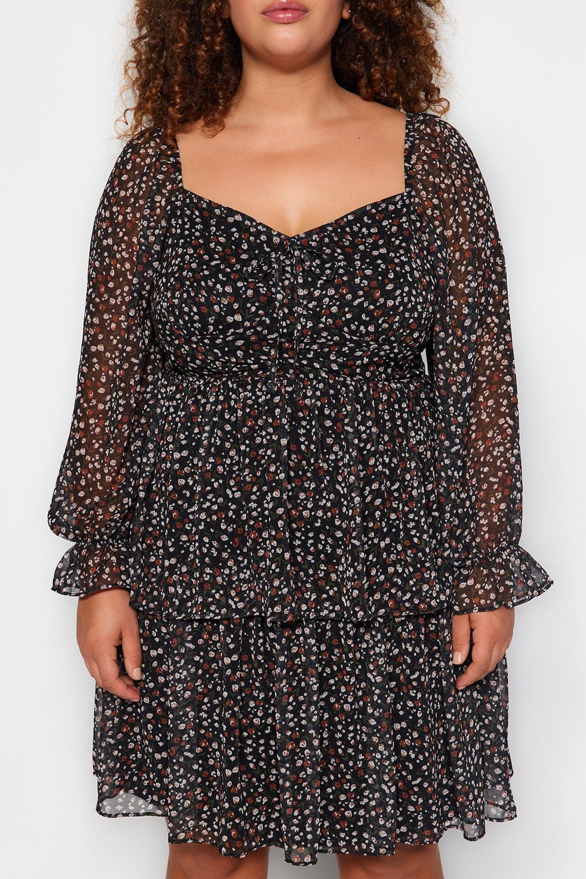 Black Floral Patterned Chiffon Dress, , large image number 3