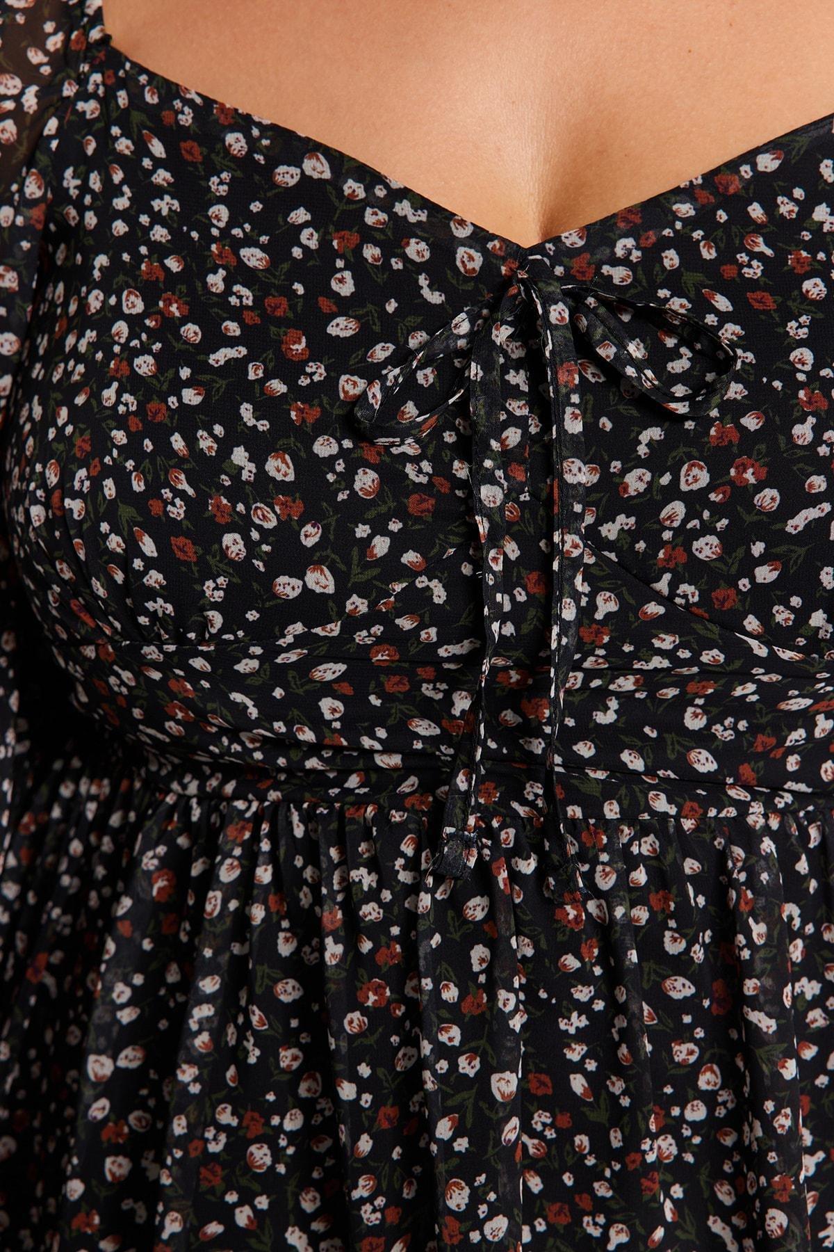 Black Floral Patterned Chiffon Dress, , large image number 4