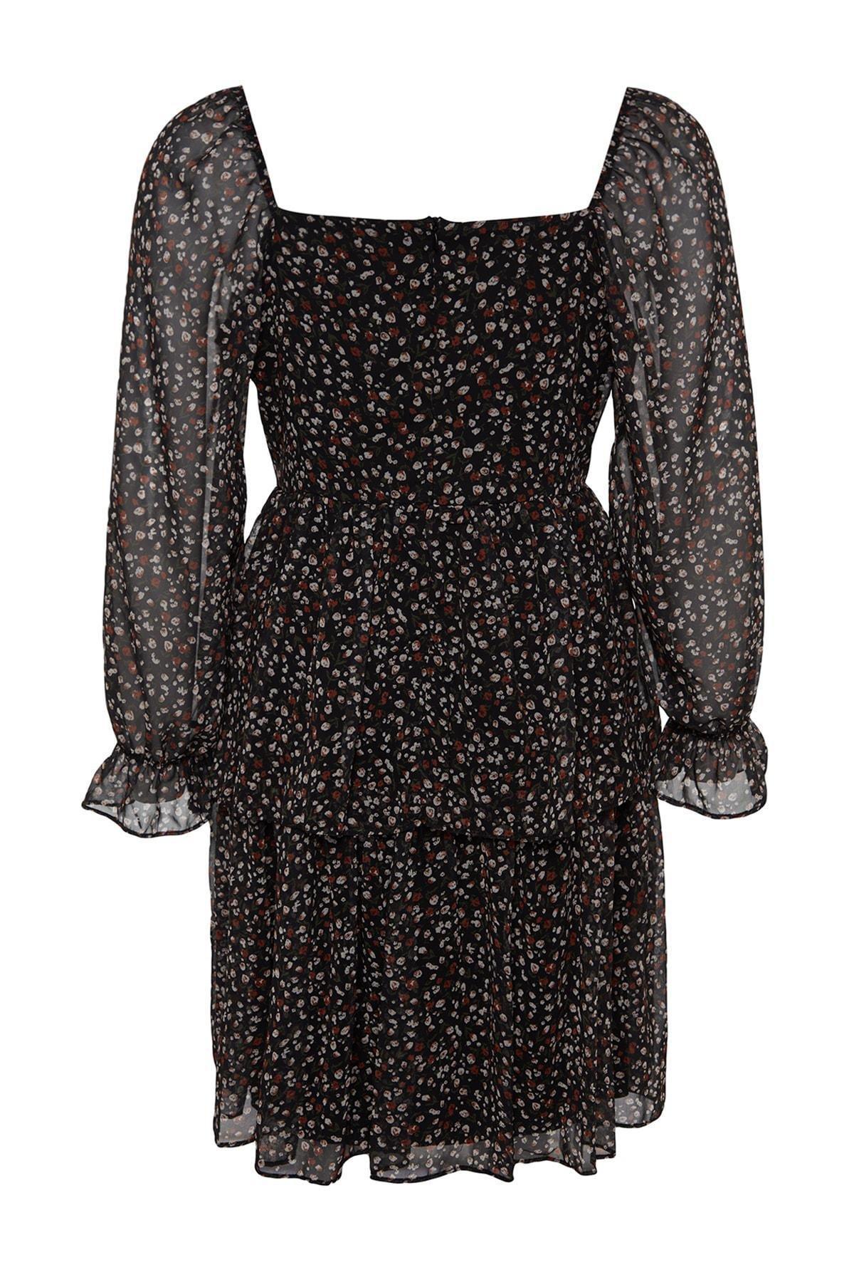 Black Floral Patterned Chiffon Dress, , large image number 5
