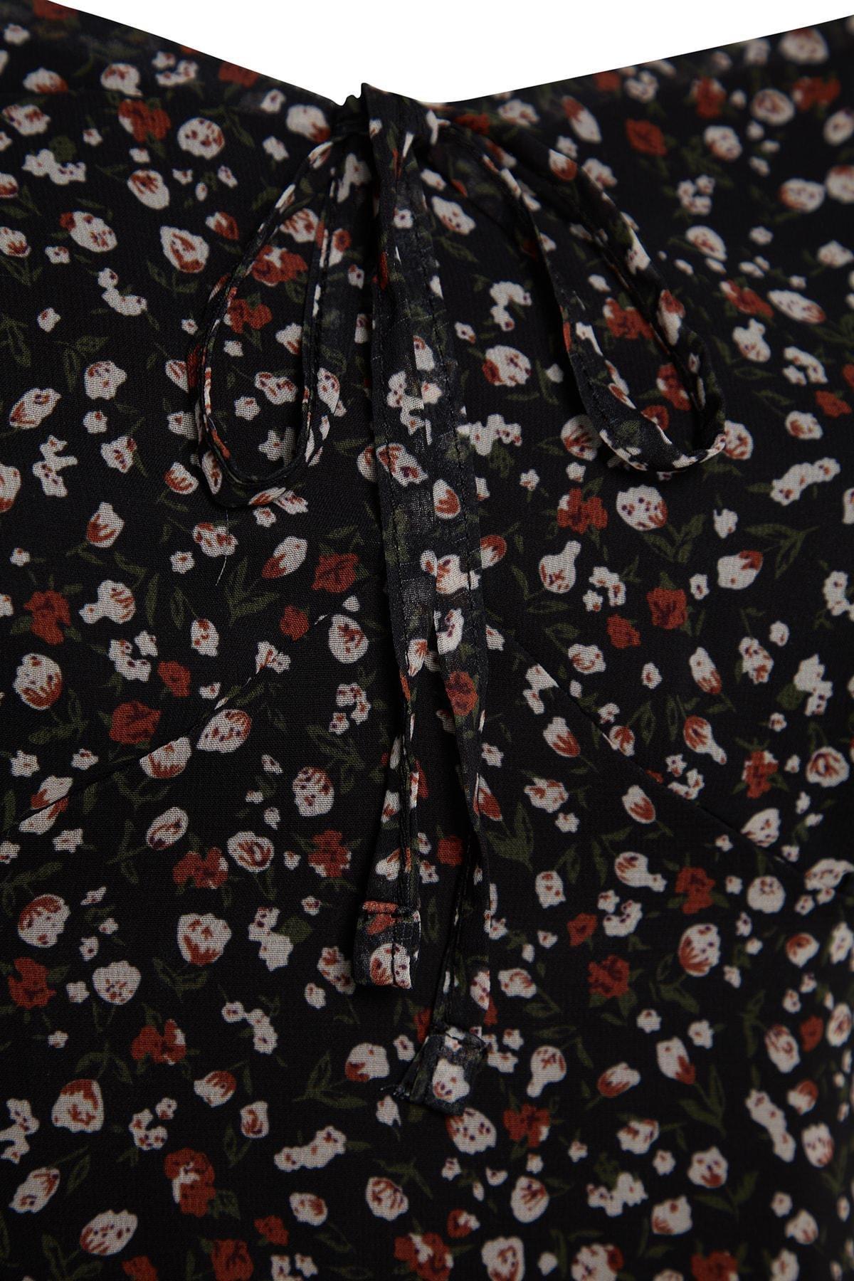 Black Floral Patterned Chiffon Dress, , large image number 6
