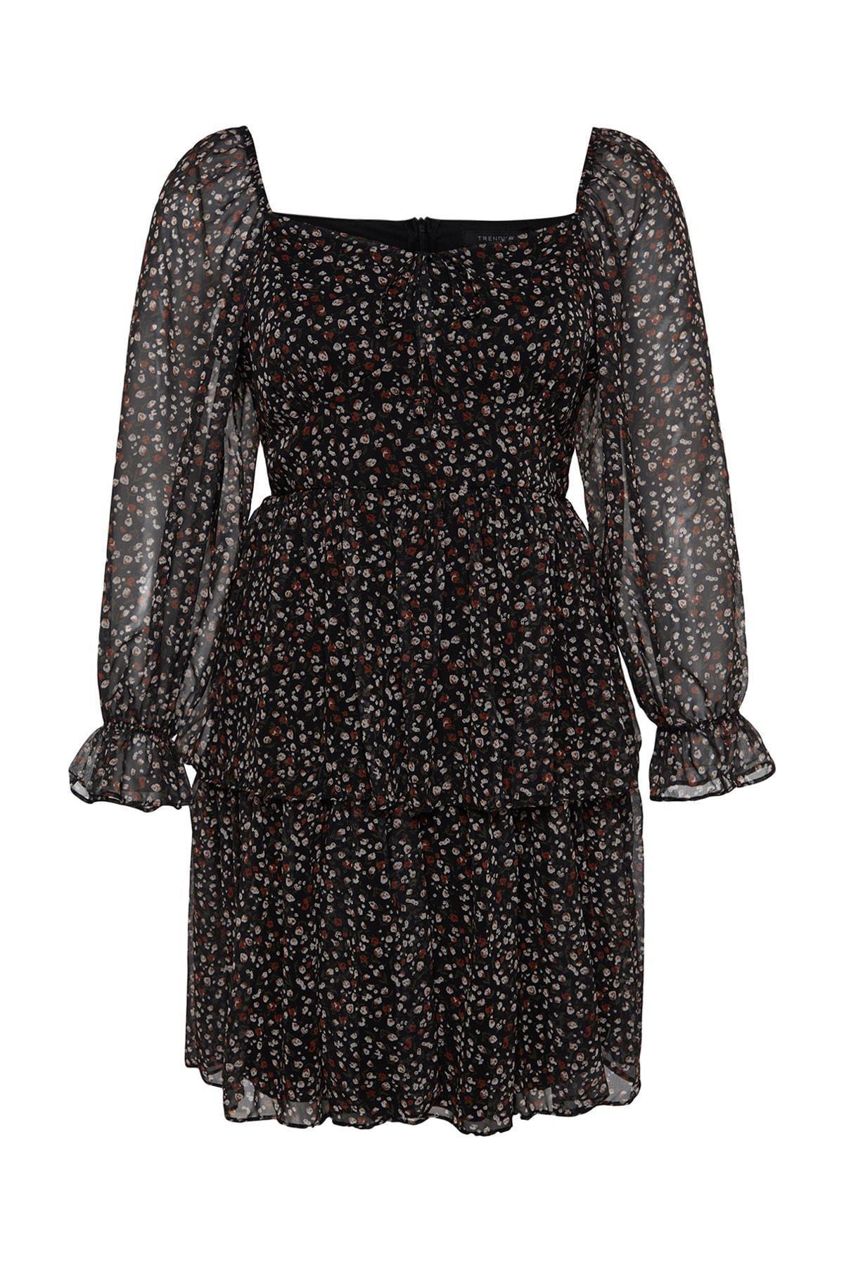 Black Floral Patterned Chiffon Dress, , large image number 7