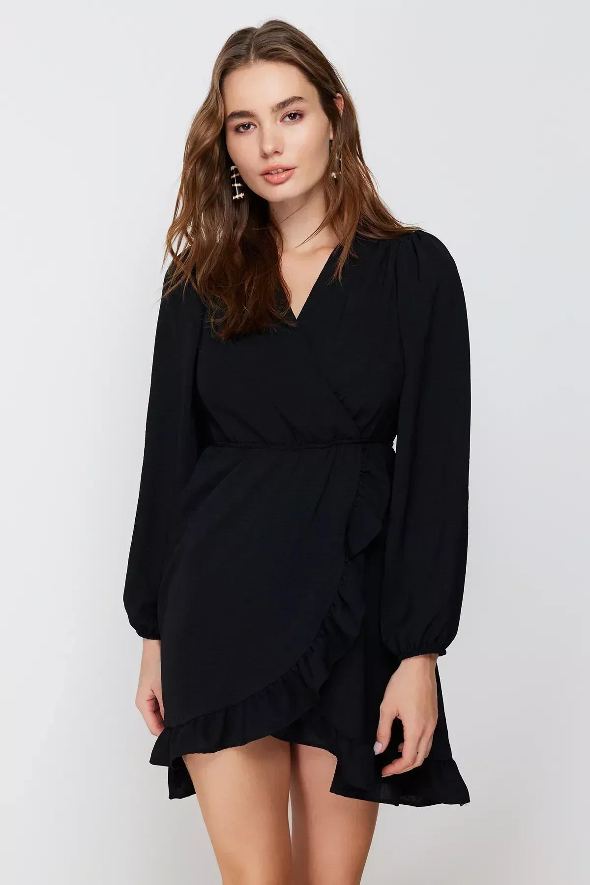 Black Mini Ruffles Woven Dress, BLACK, large image number 1
