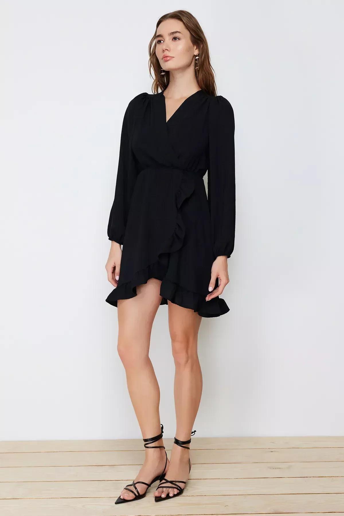 Black Mini Ruffles Woven Dress, BLACK, large image number 3
